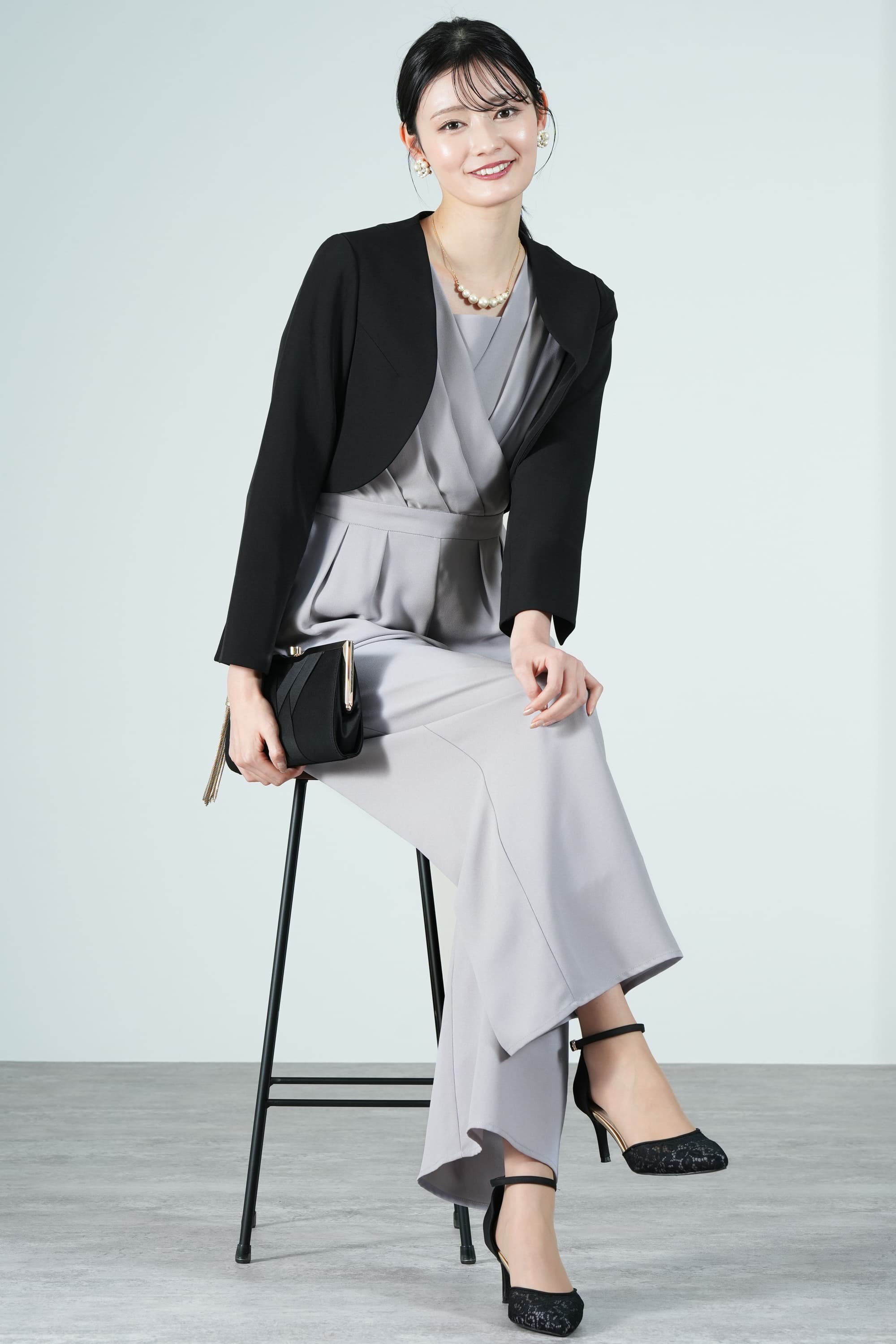 カシュクールトップスライトグレーパンツドレス