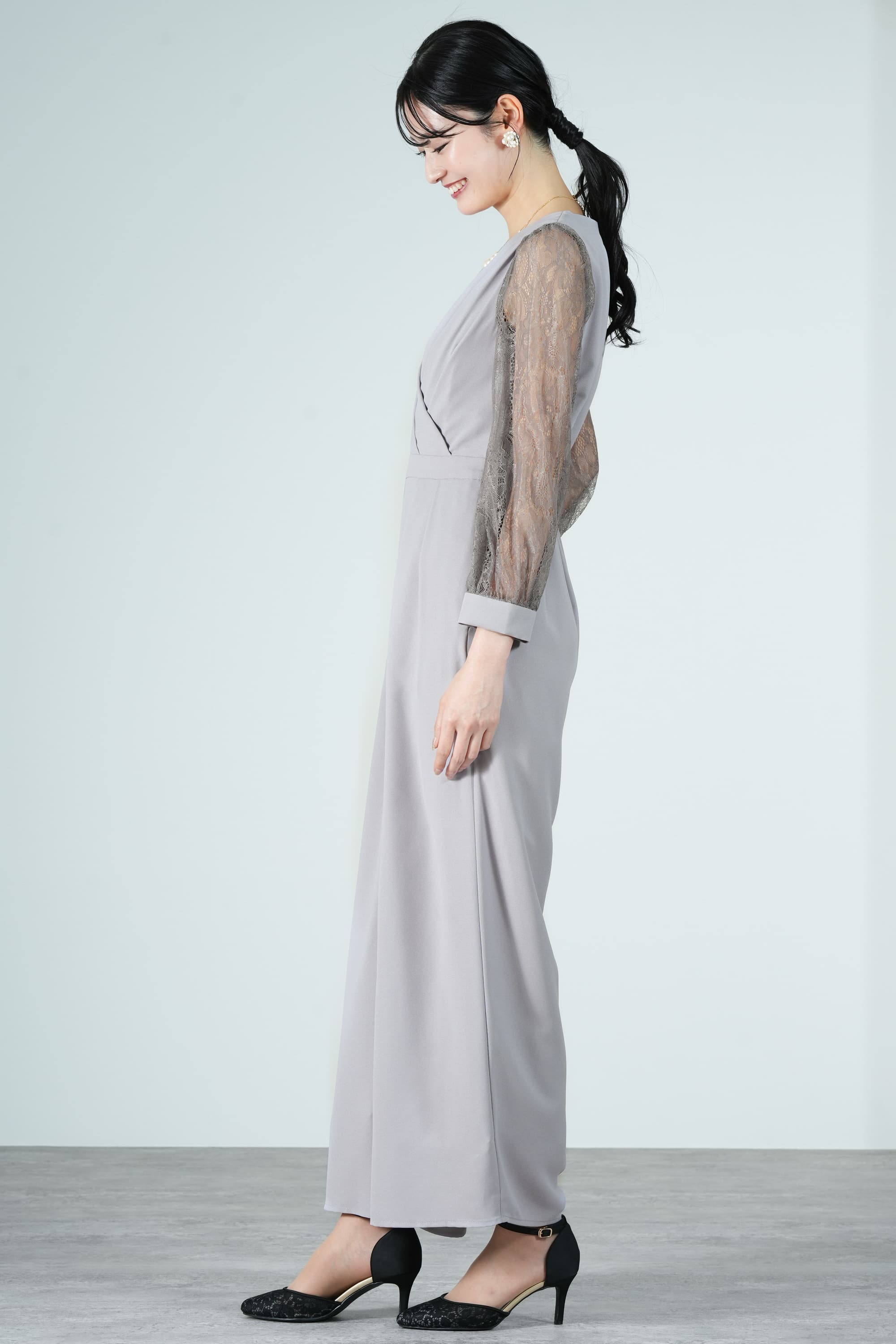 カシュクールトップスライトグレーパンツドレス