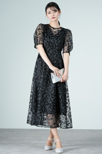 フラワーラメ刺繍ブラックドレス