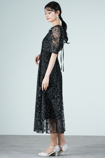 フラワーラメ刺繍ブラックドレス