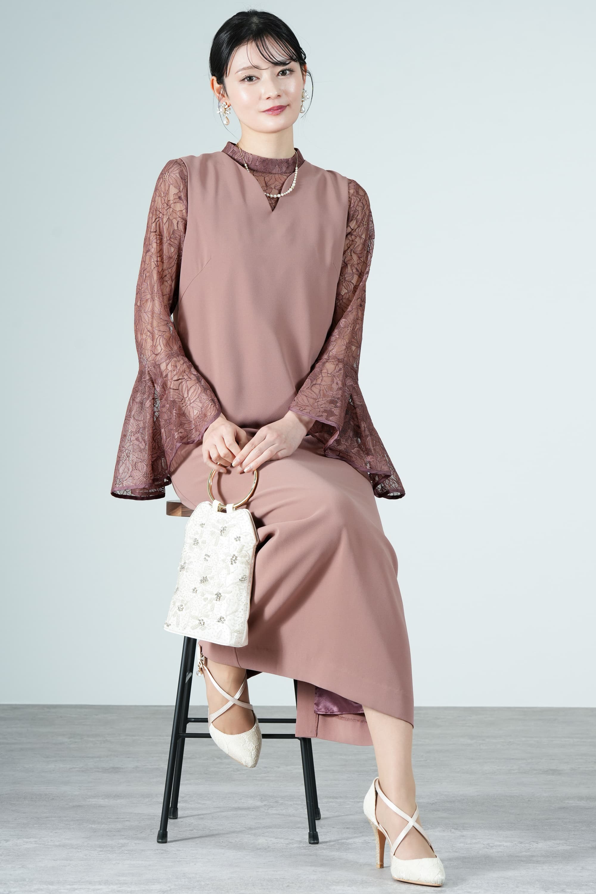 ラッセルレースブラウス付きピンクドレス