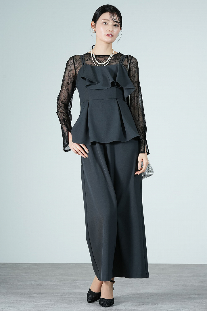 アシメフリルチャコールグレーパンツドレス