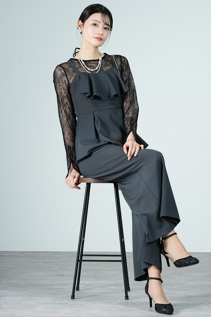 アシメフリルチャコールグレーパンツドレス