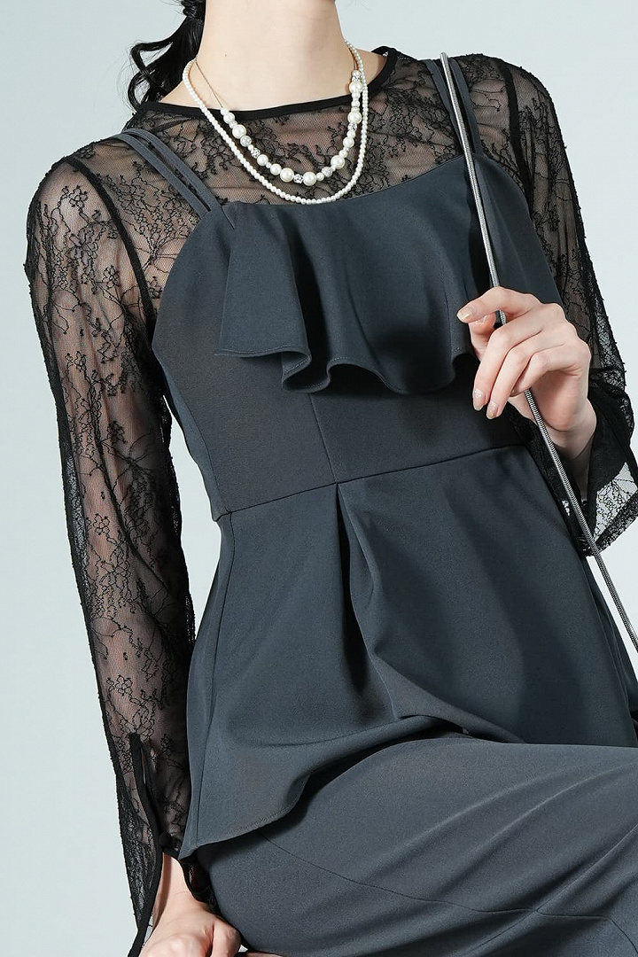 アシメフリルチャコールグレーパンツドレス