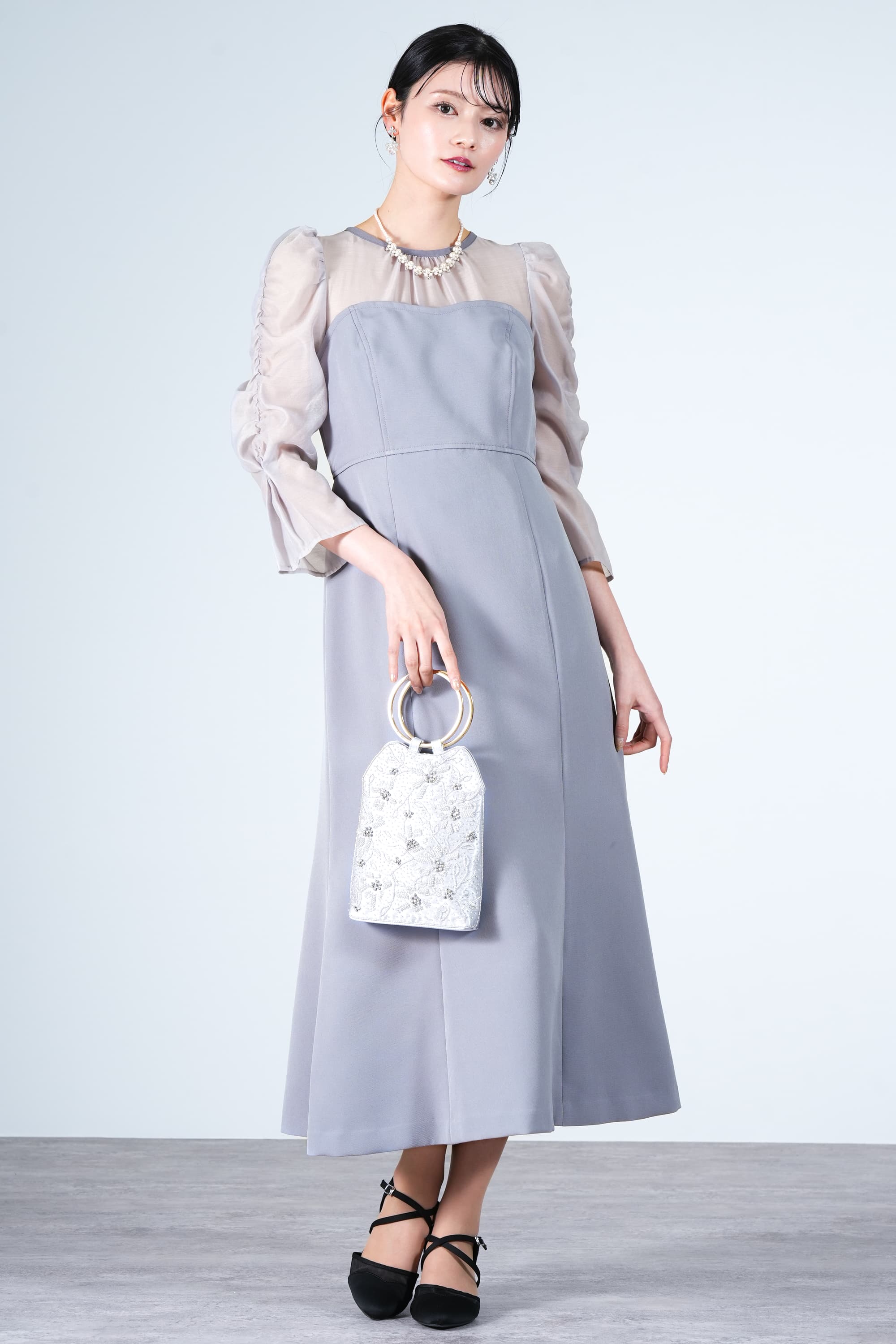 シアー袖ビスチェドッキングブルードレス