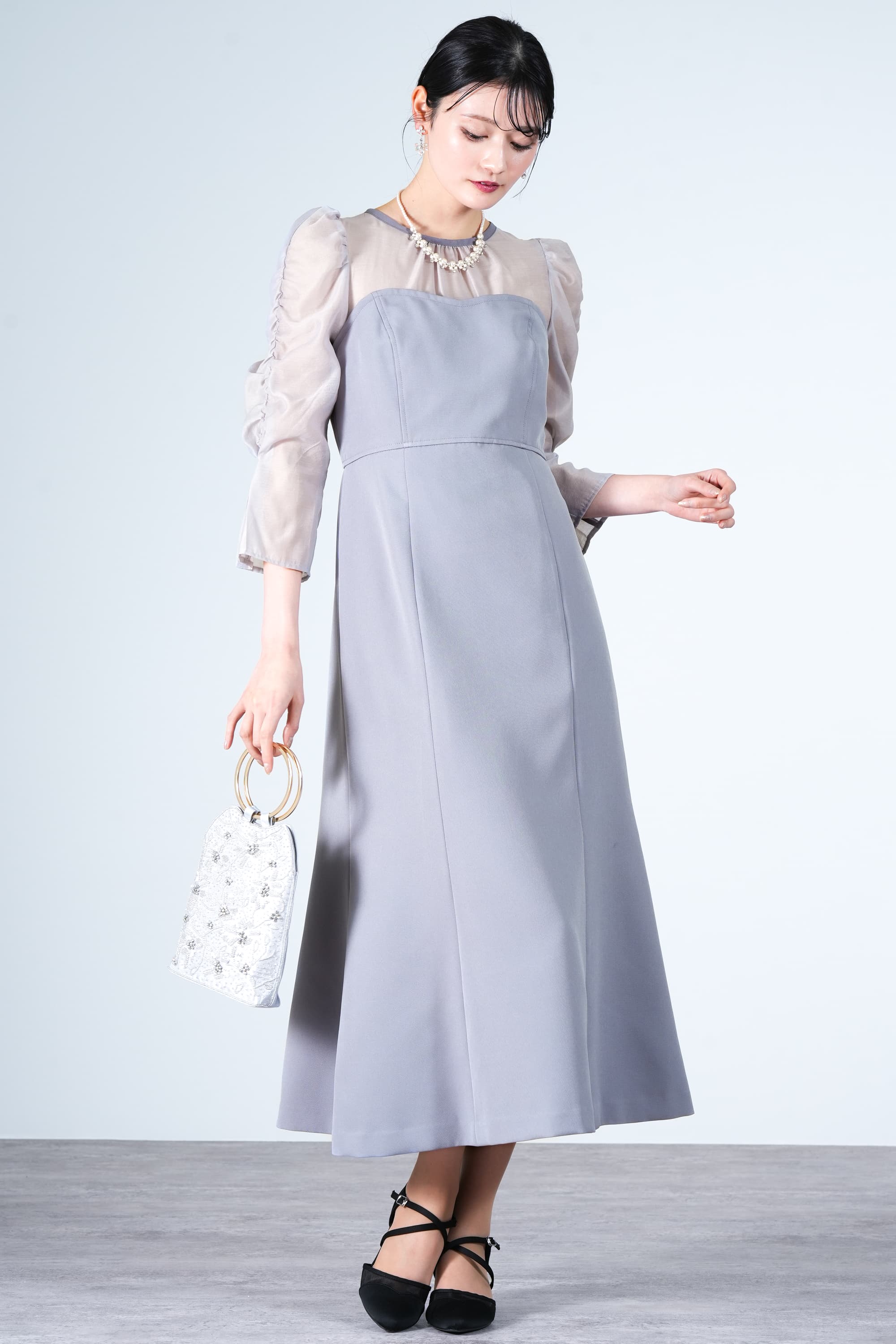 シアー袖グレーシースドレス Rirandture シアー袖ビスチェドッキングブルードレス (L) をレンタル