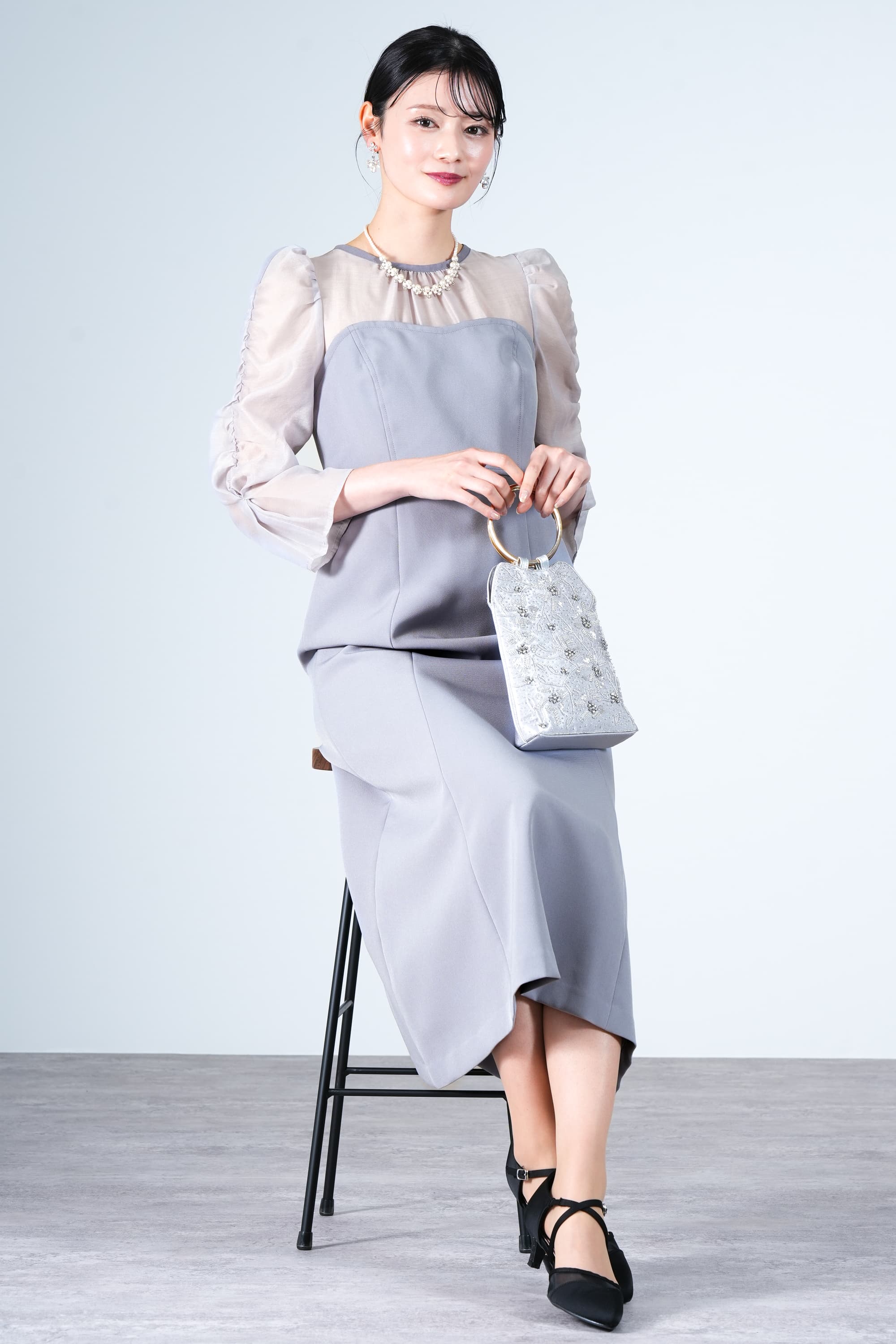 シアー袖ビスチェドッキングブルードレス