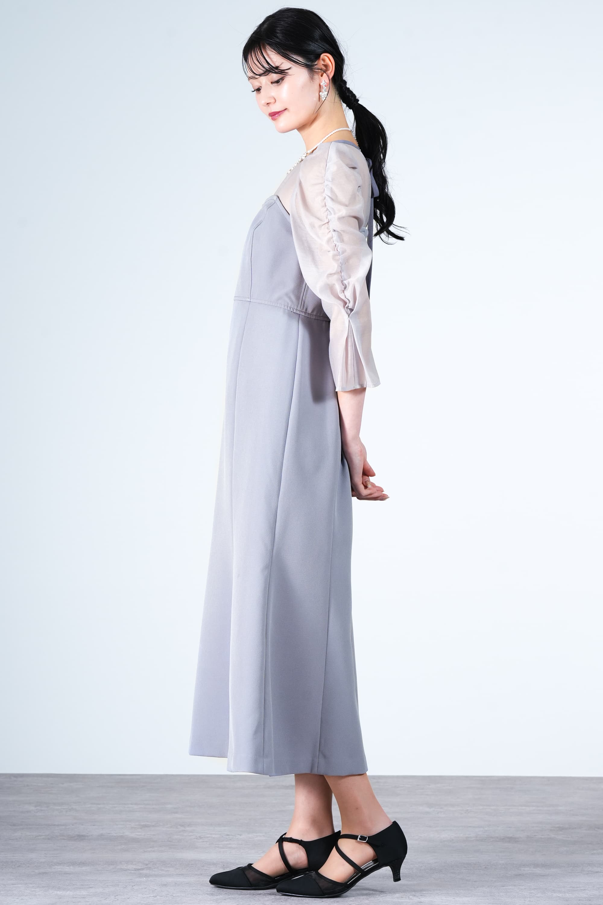 シアー袖ビスチェドッキングブルードレス