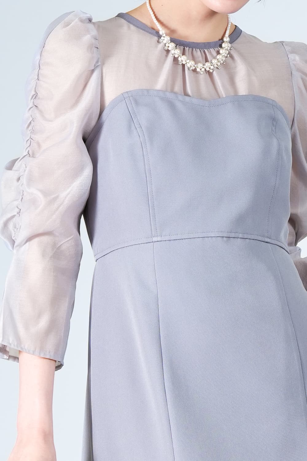 シアー袖ビスチェドッキングブルードレス