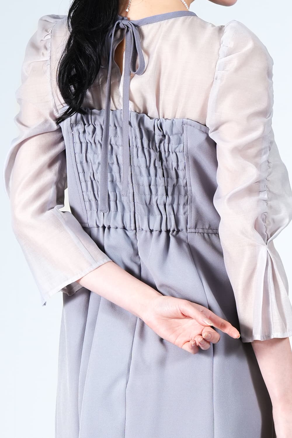 シアー袖ビスチェドッキングブルードレス
