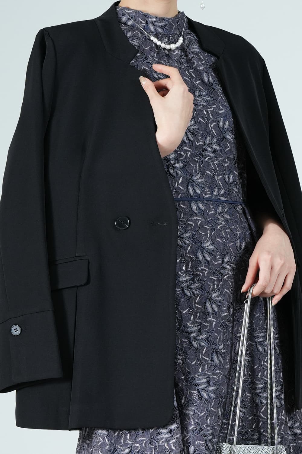 ボタニカル柄総レースダスティーネイビードレス