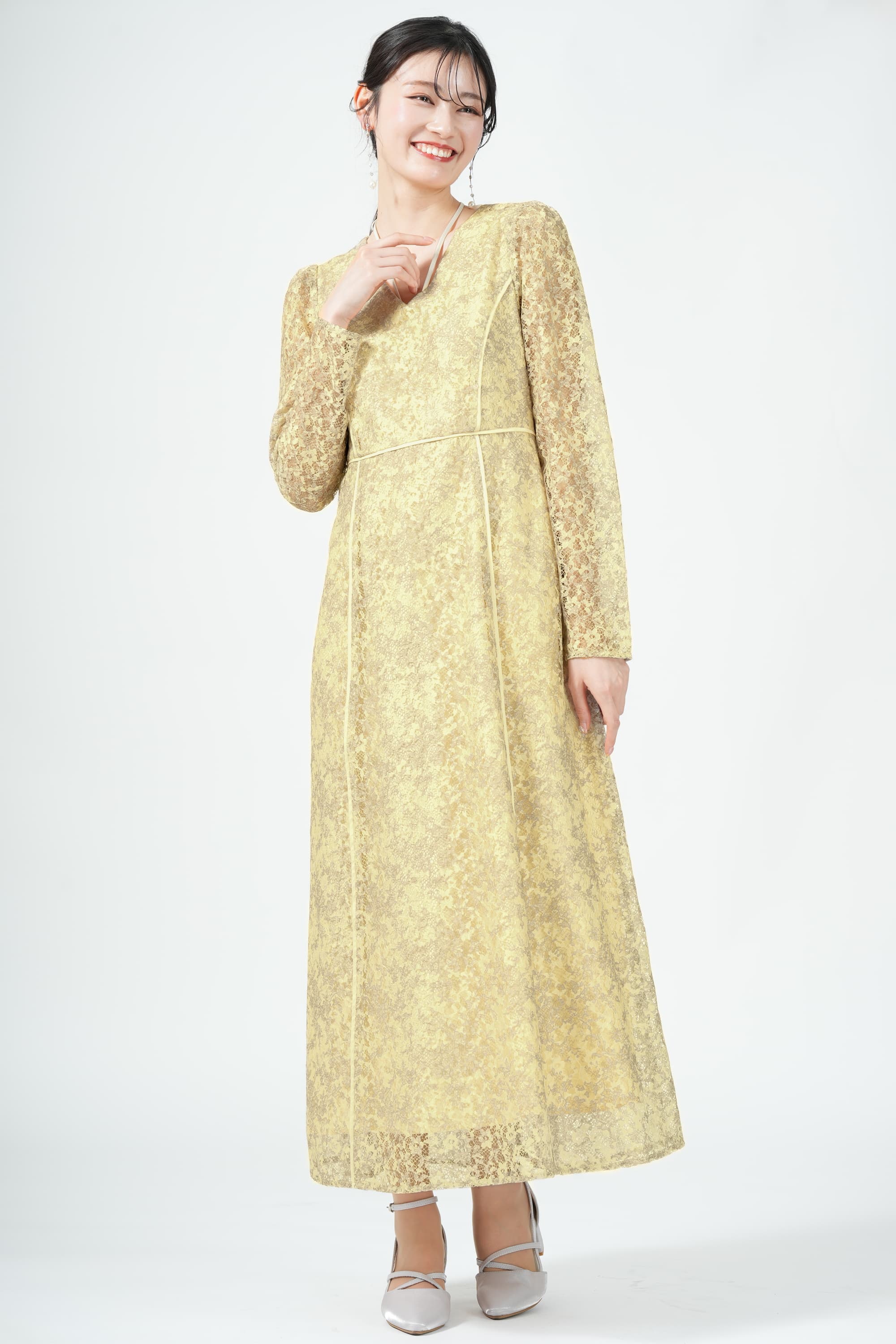 LAGUNAMOON ネックリボン異素材パイピングイエロードレス (SS) を