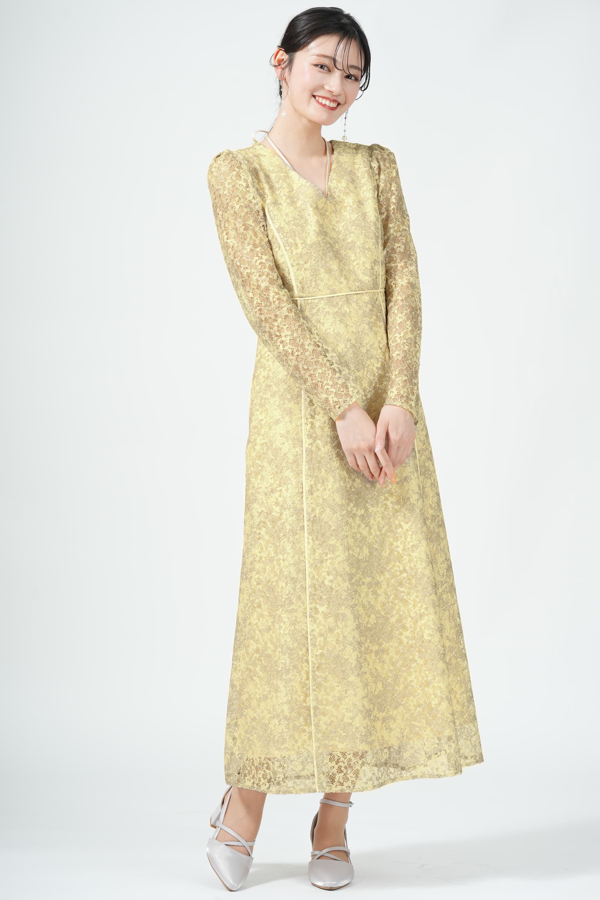 ネックリボン異素材パイピングイエロードレス