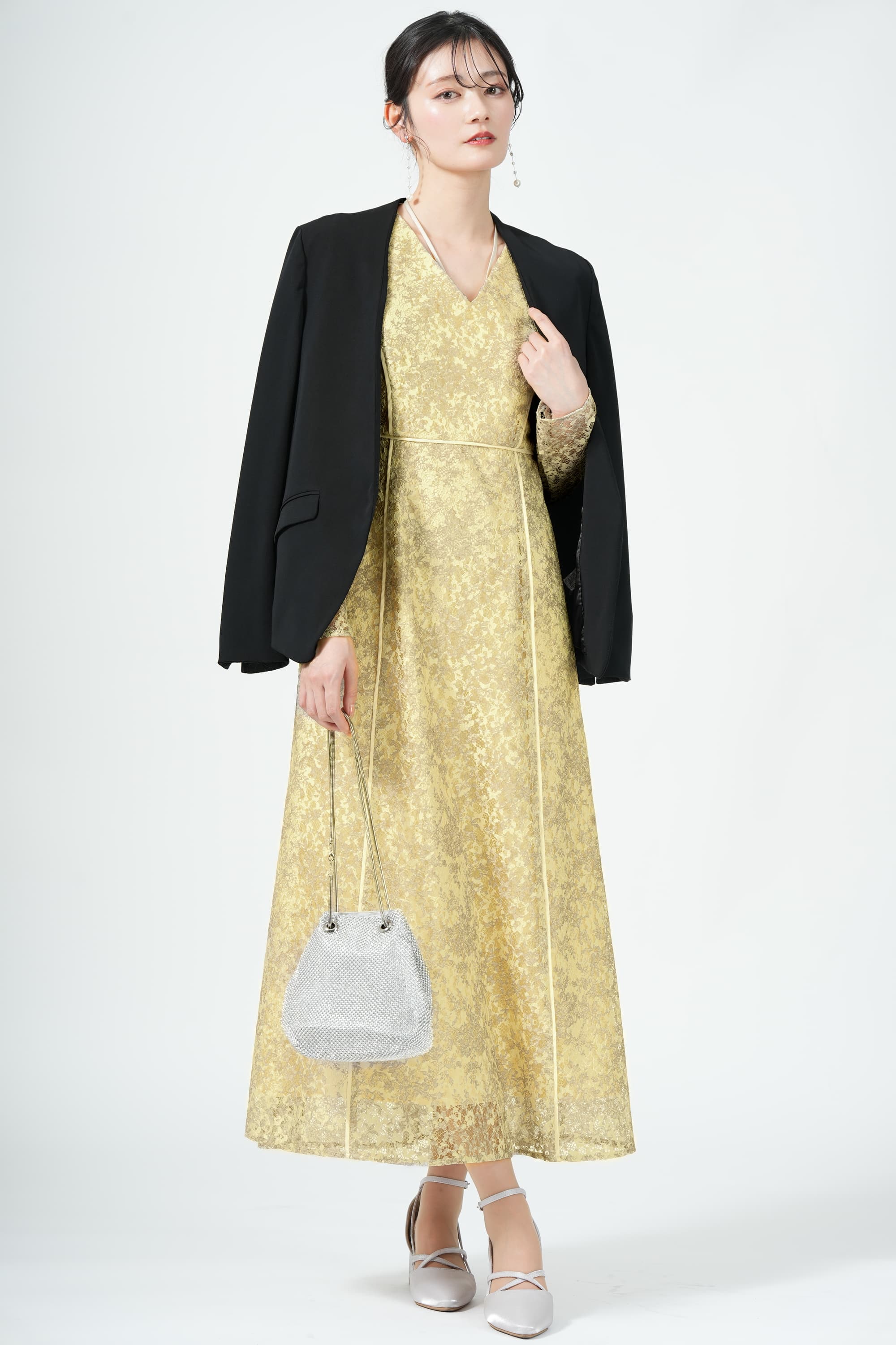 LAGUNAMOON ネックリボン異素材パイピングイエロードレス (SS