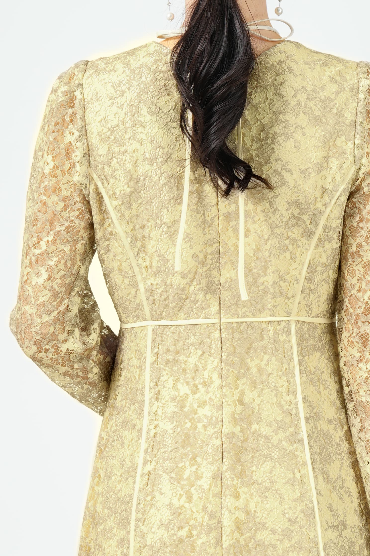 ネックリボン異素材パイピングイエロードレス