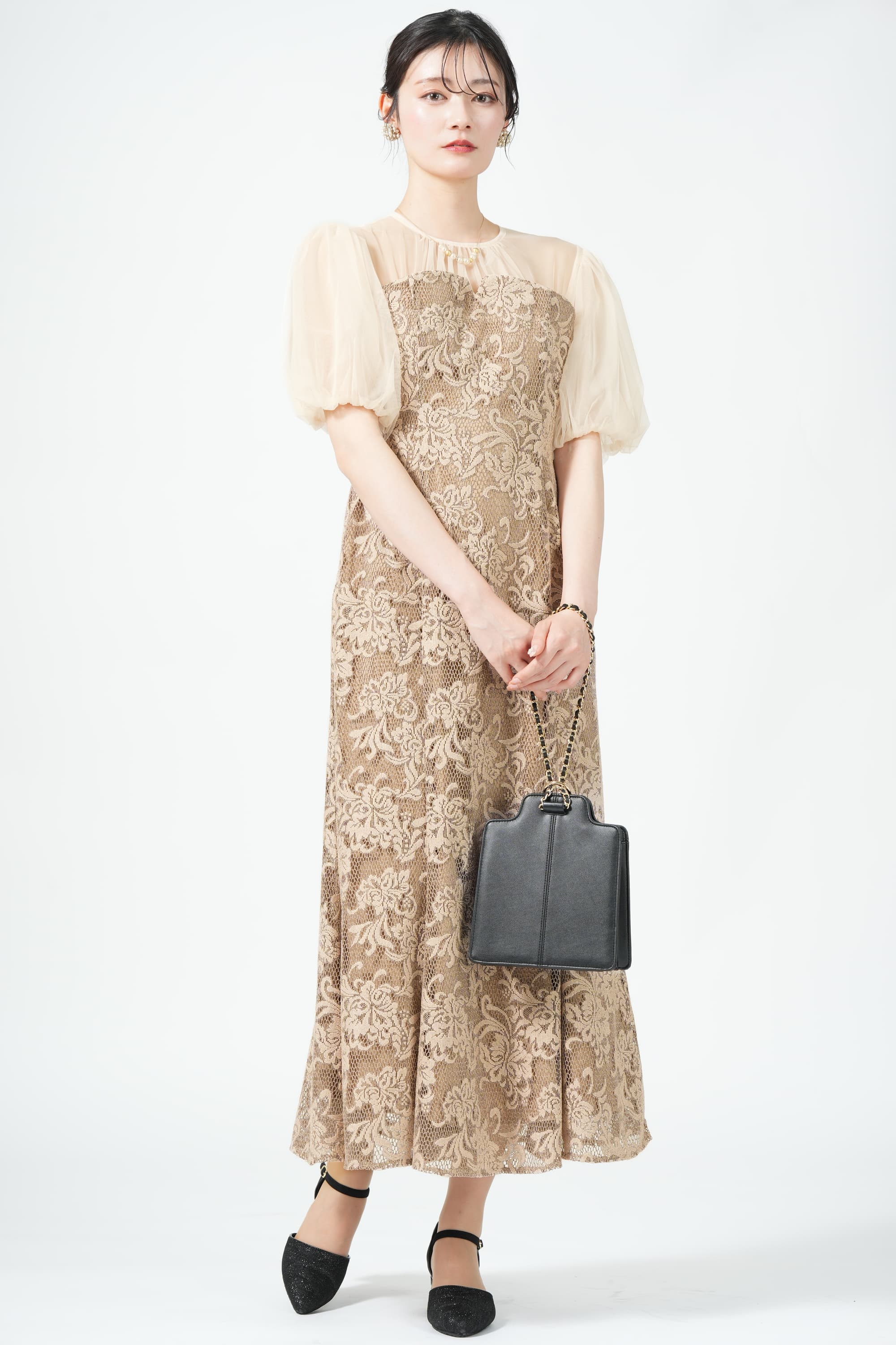 ビスチェ風ドッキングジャガードベージュドレス