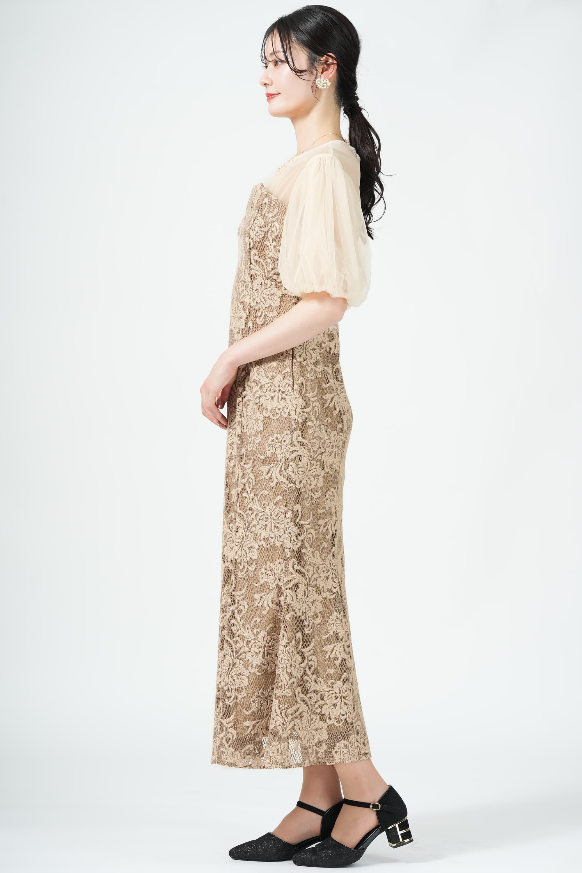 ビスチェ風ドッキングジャガードベージュドレス
