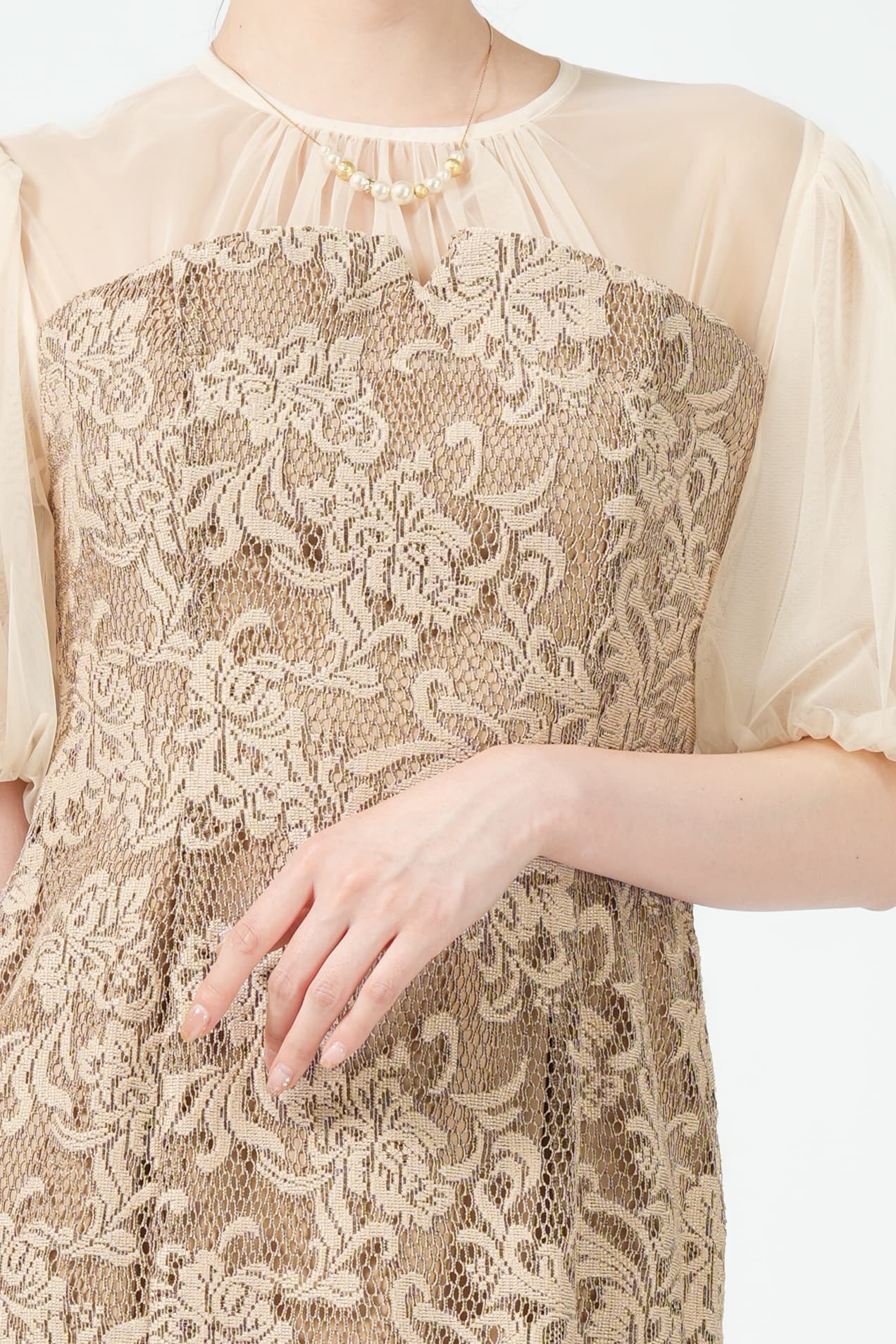 ビスチェ風ドッキングジャガードベージュドレス