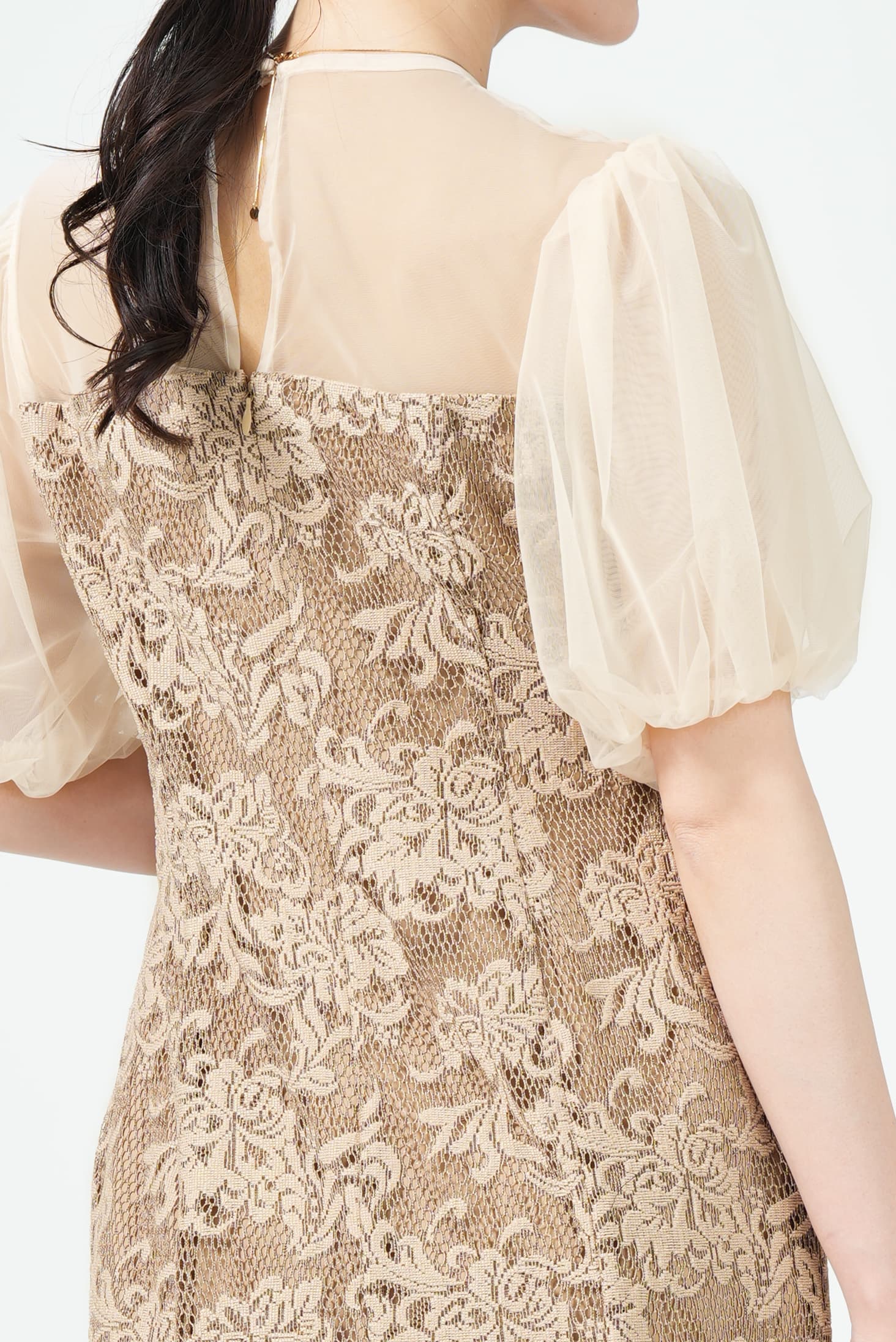 ビスチェ風ドッキングジャガードベージュドレス