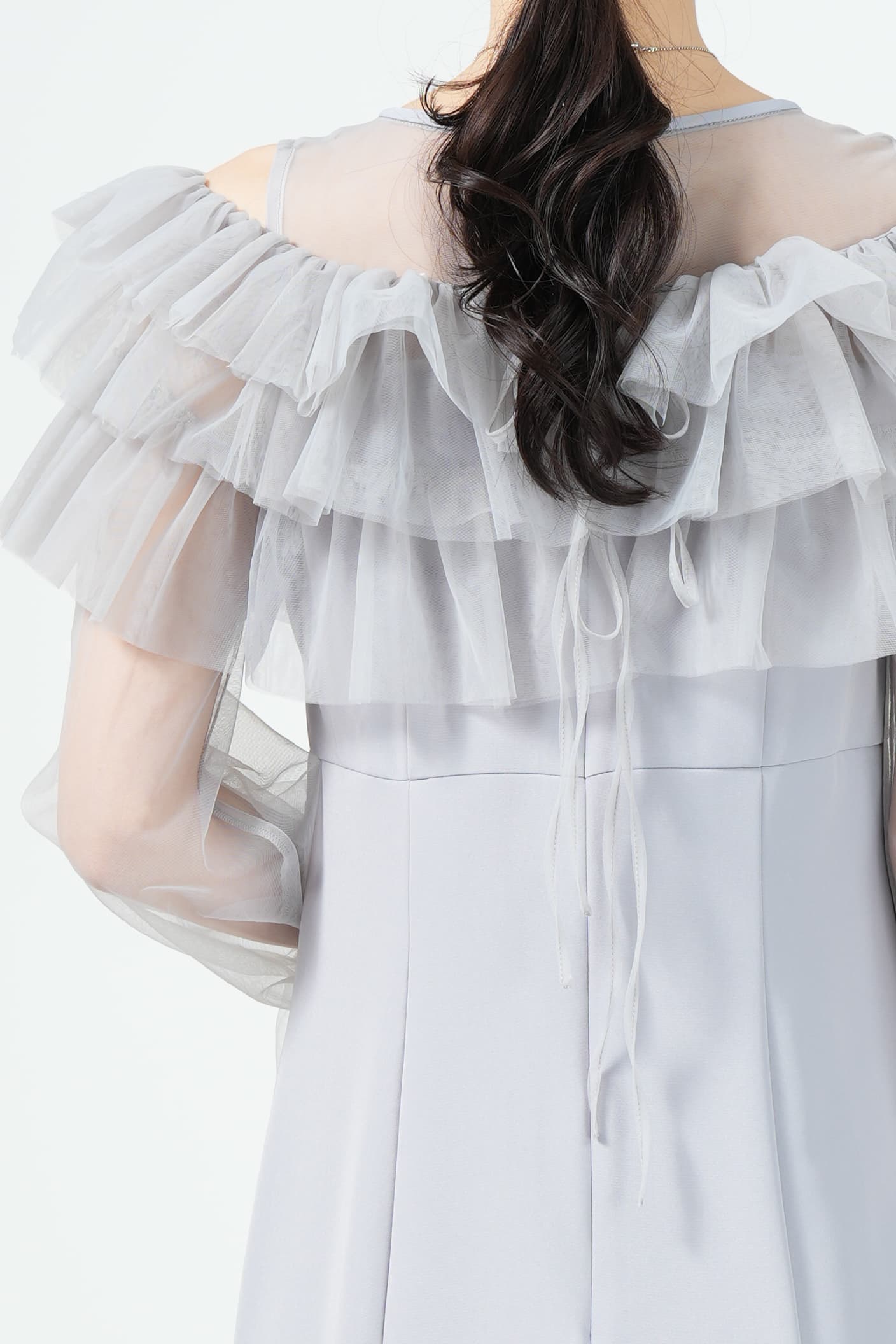 ギャザー袖フリルボレロブルードレス