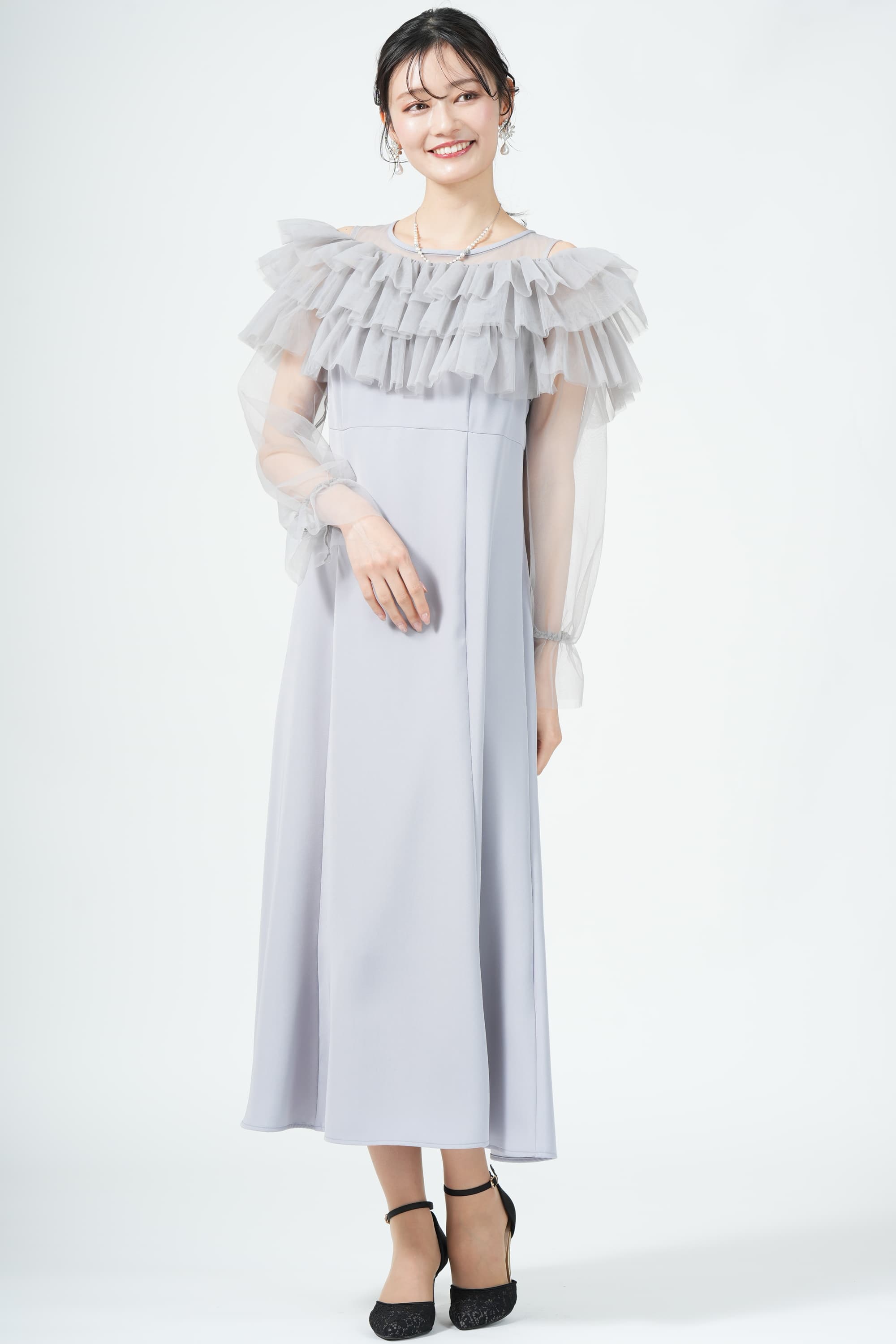 ギャザー袖フリルボレロブルードレス