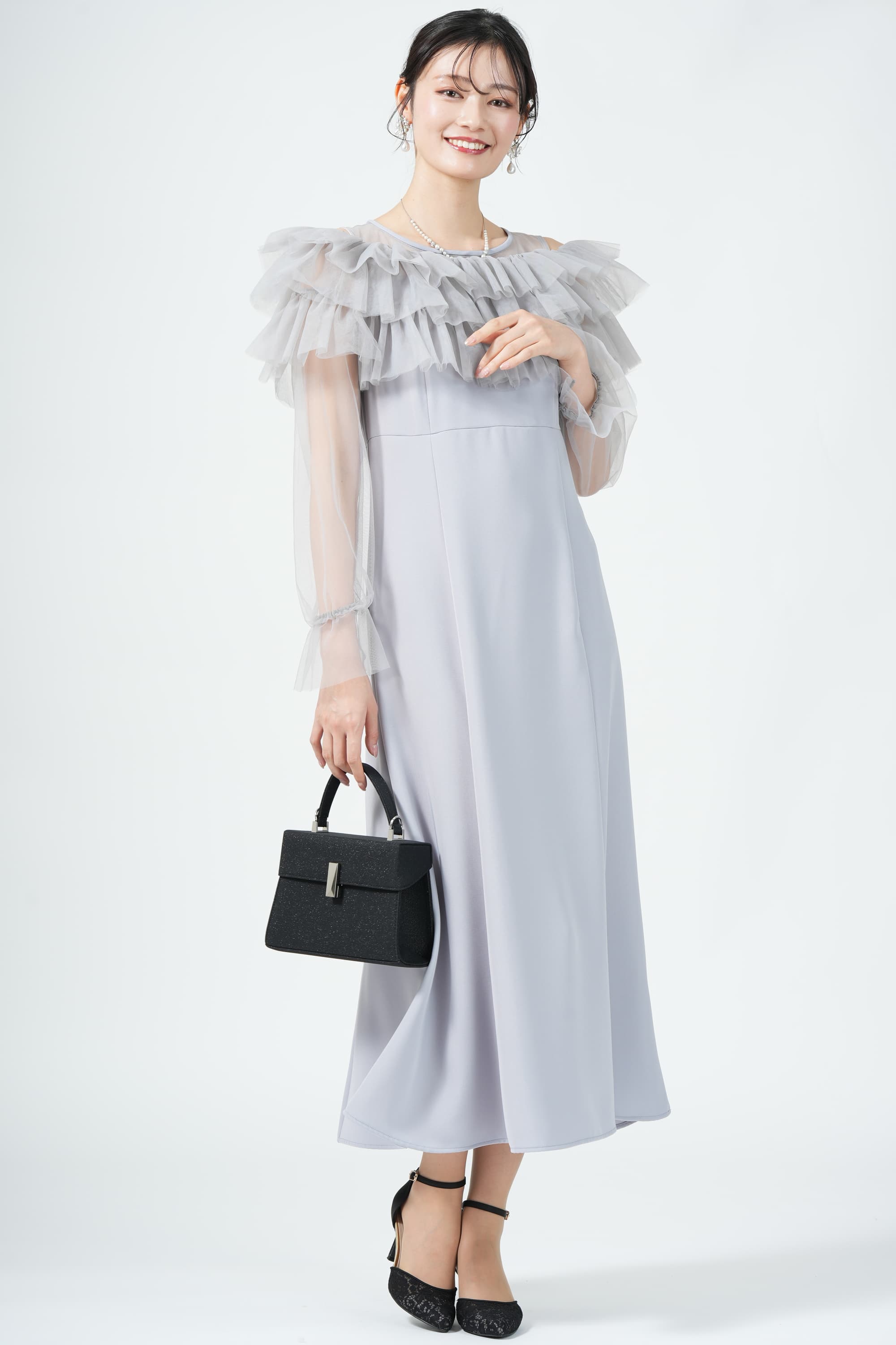 ギャザー袖フリルボレロブルードレス