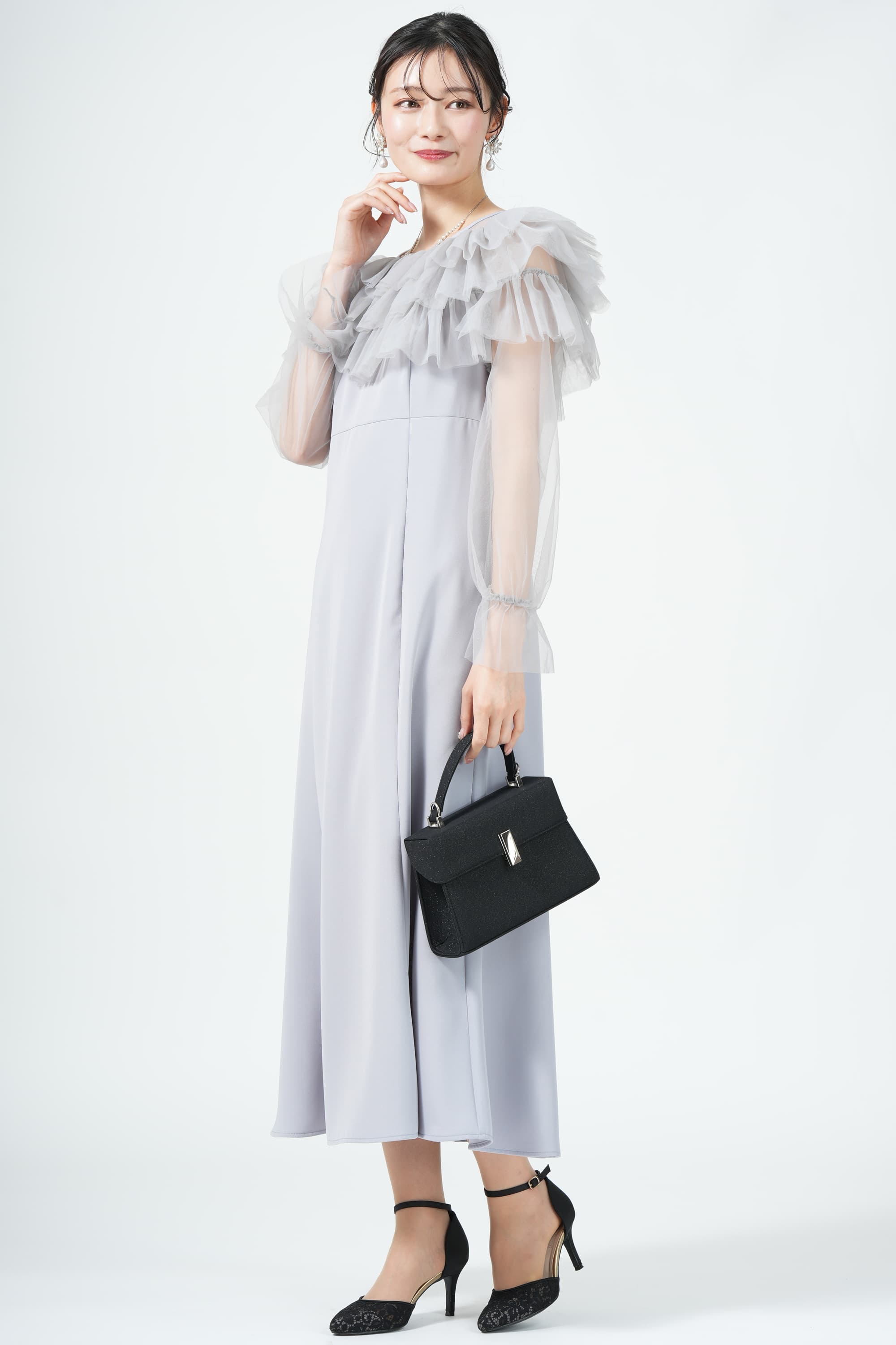 ギャザー袖フリルボレロブルードレス