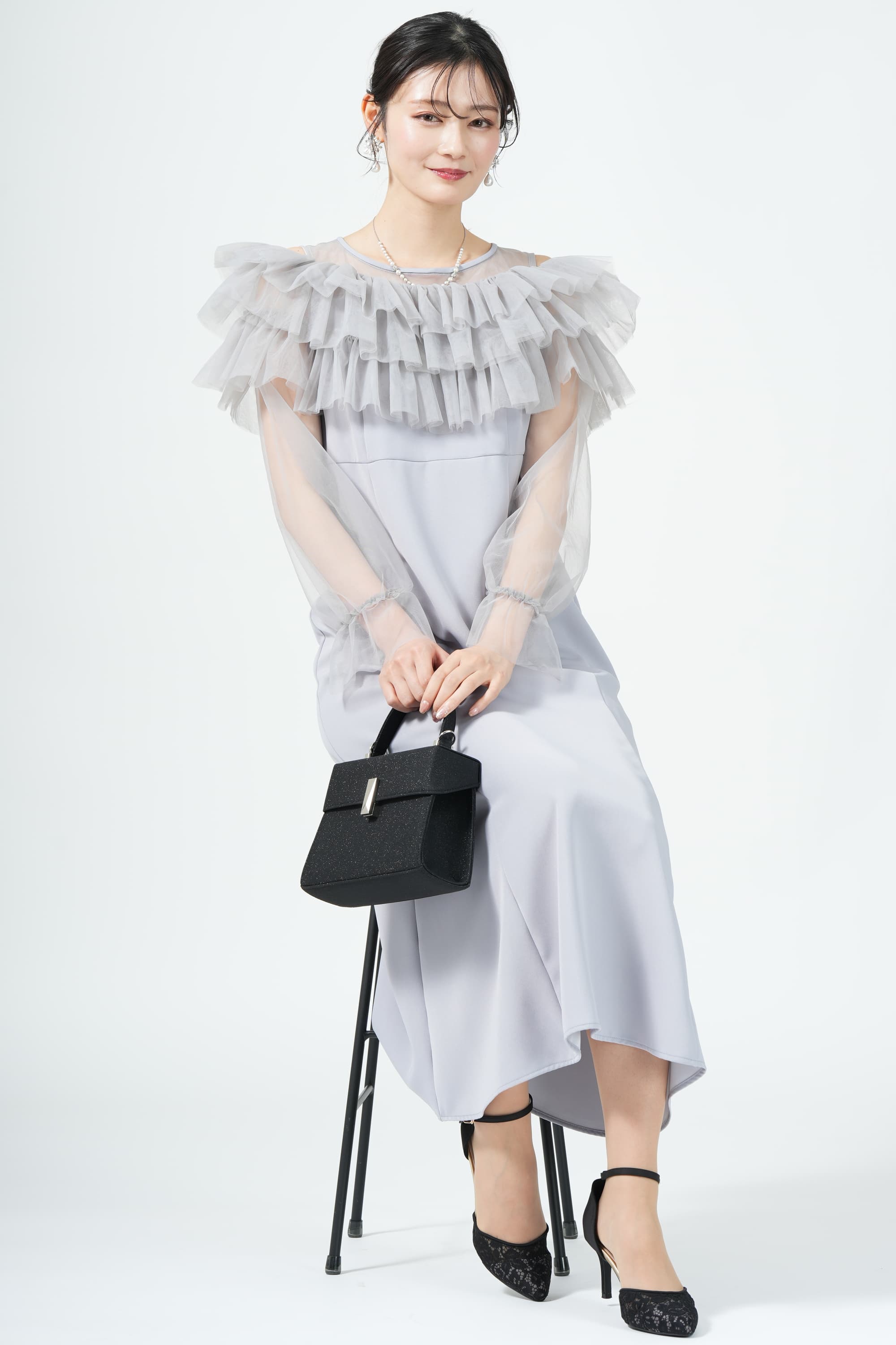 ギャザー袖フリルボレロブルードレス