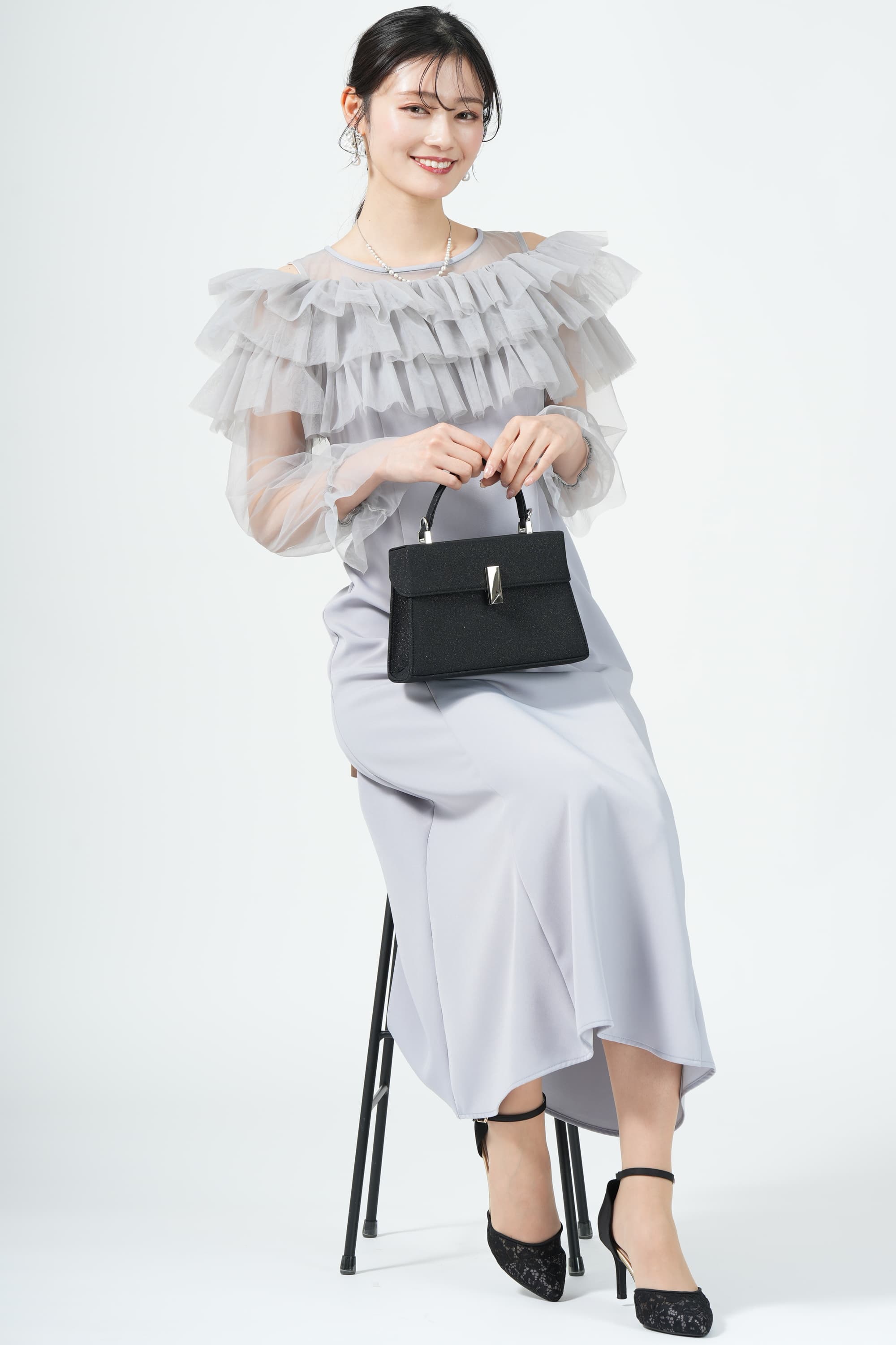 ギャザー袖フリルボレロブルードレス