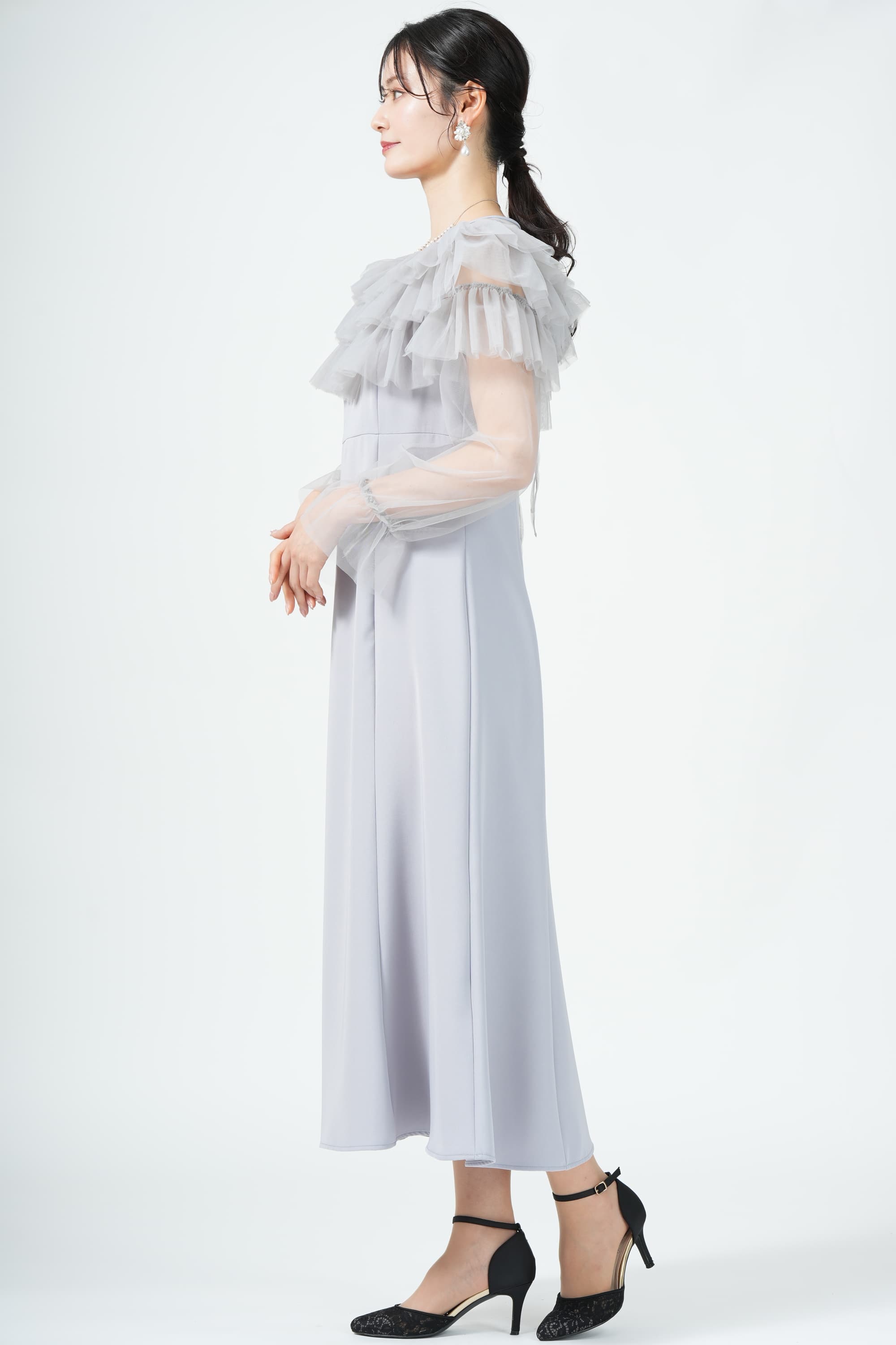 ギャザー袖フリルボレロブルードレス