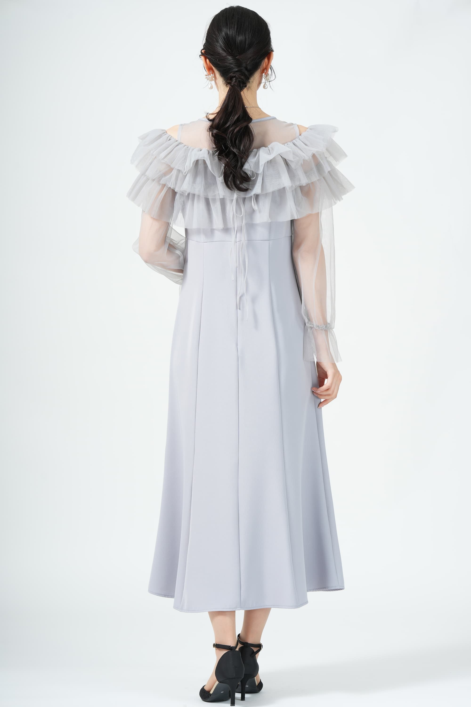 ギャザー袖フリルボレロブルードレス