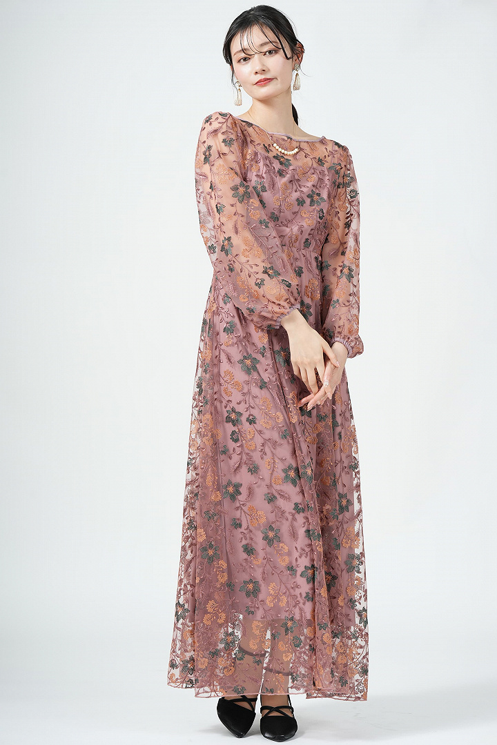 レトロフラワー刺繍ピンクドレス