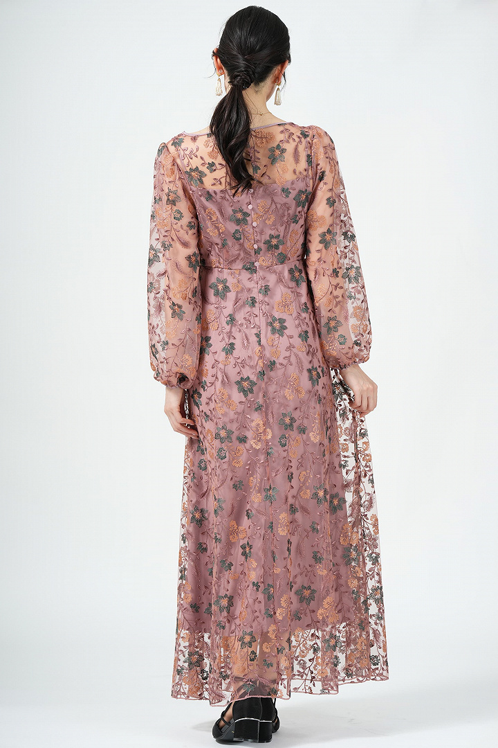 レトロフラワー刺繍ピンクドレス