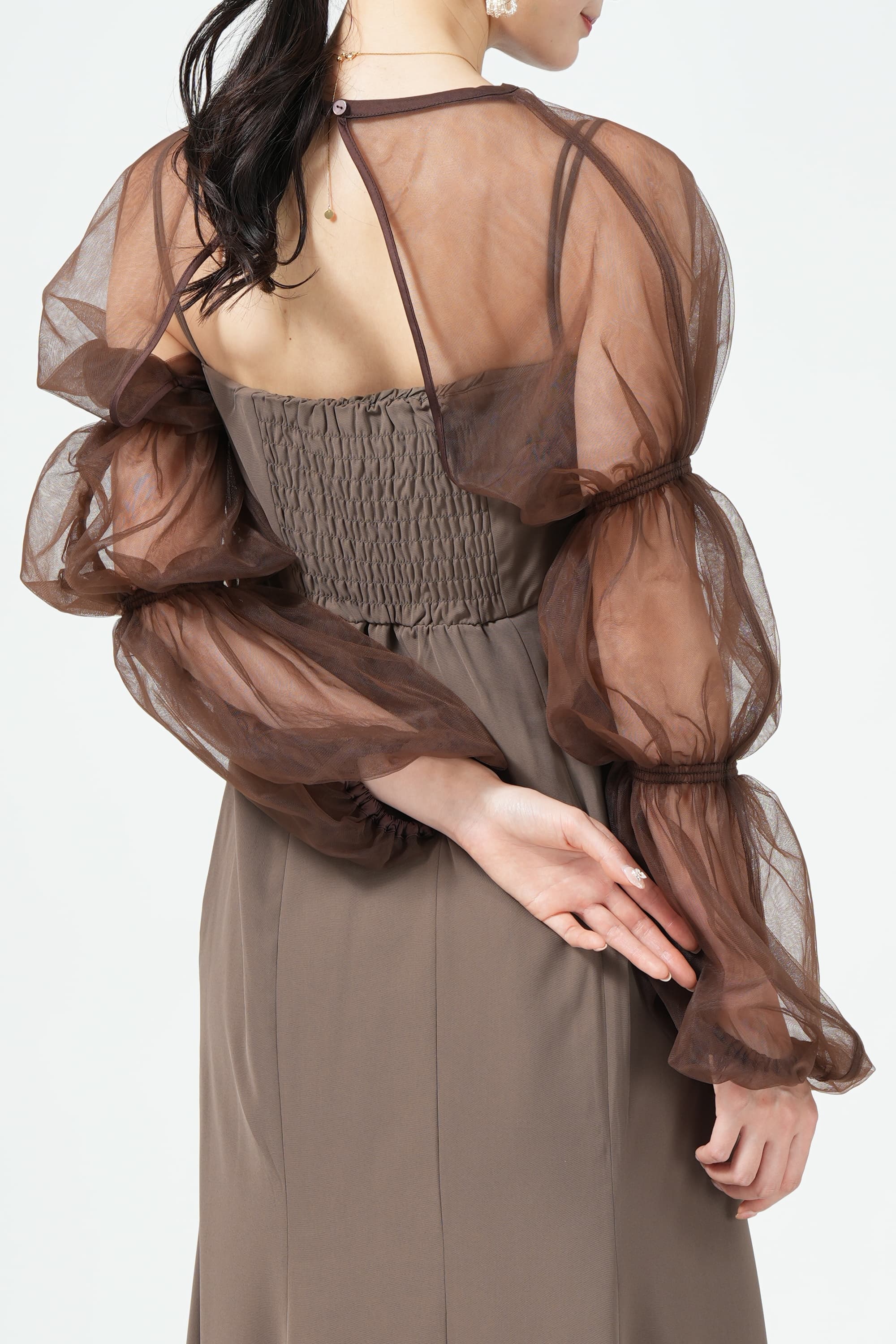 シャーリングボレロ付きマーメイドブラウンドレス