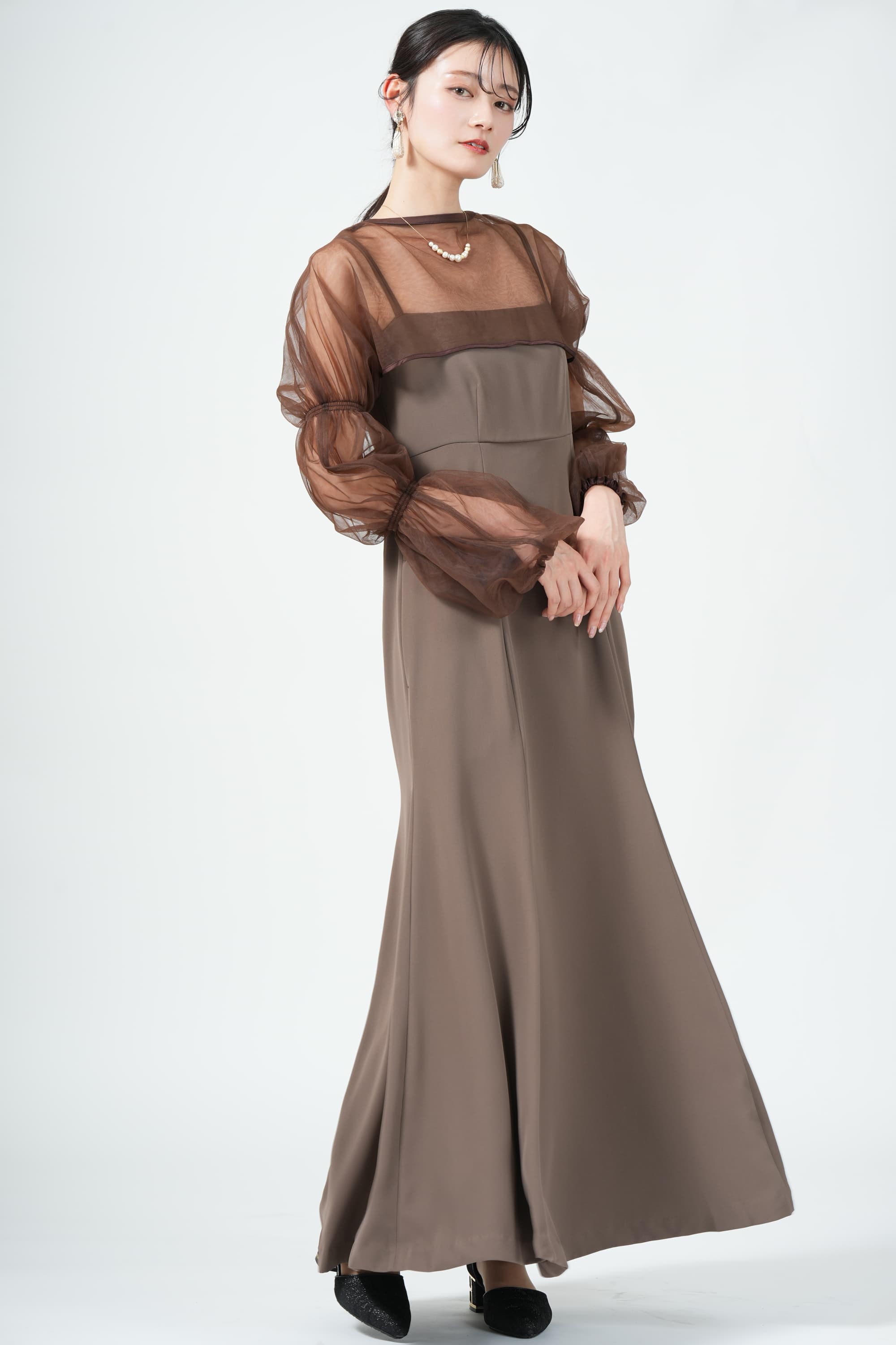 シャーリングボレロ付きマーメイドブラウンドレス