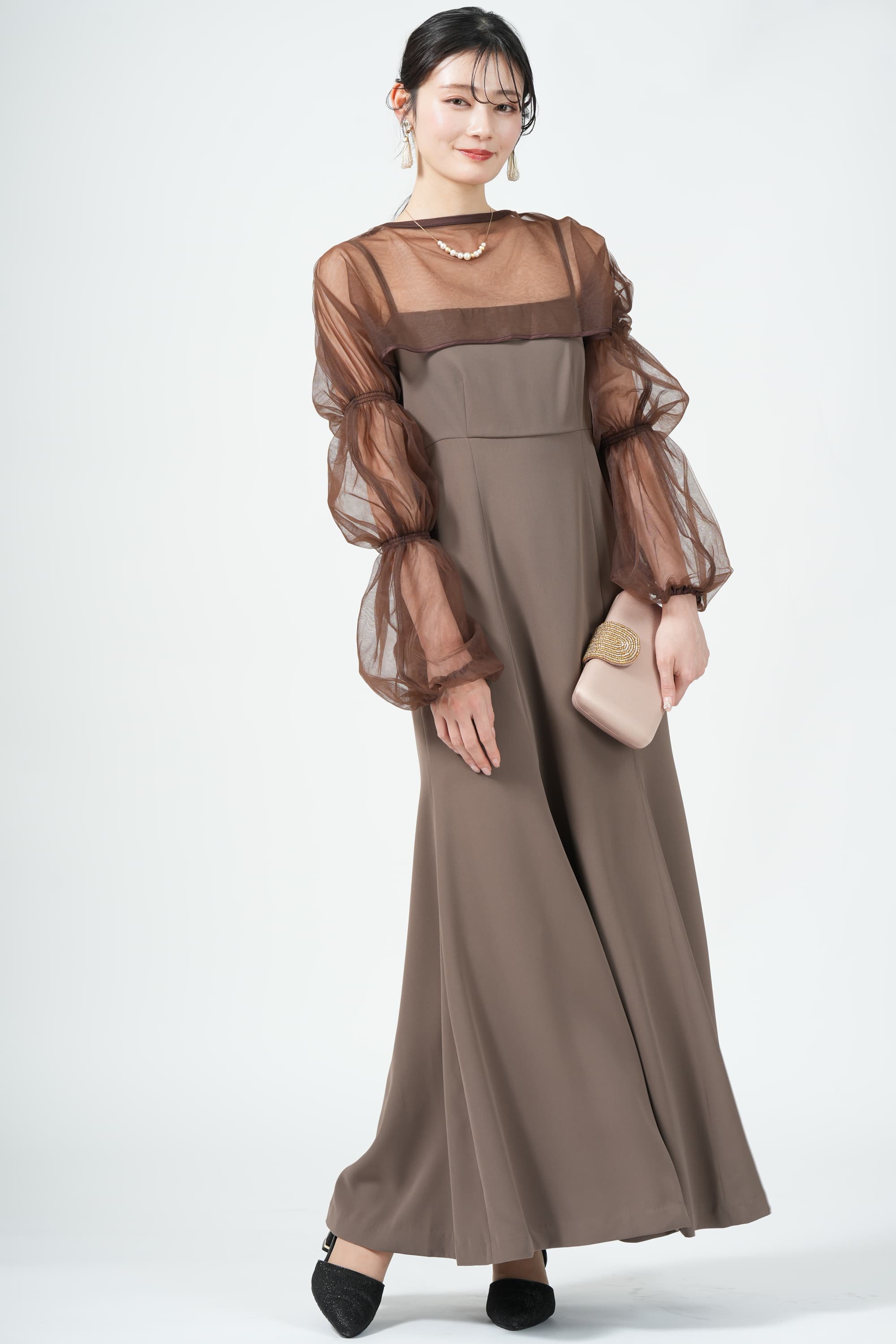 シャーリングボレロ付きマーメイドブラウンドレス