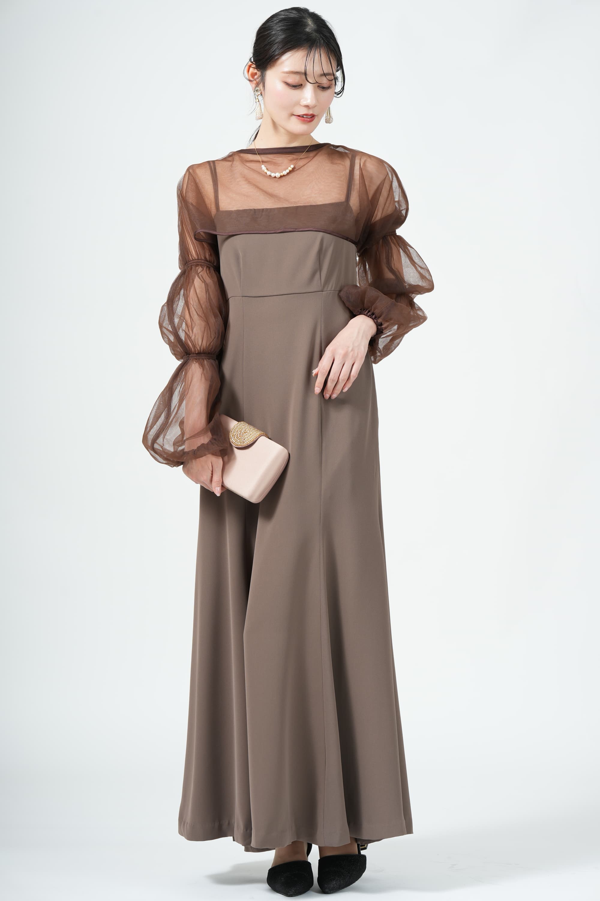 シャーリングボレロ付きマーメイドブラウンドレス