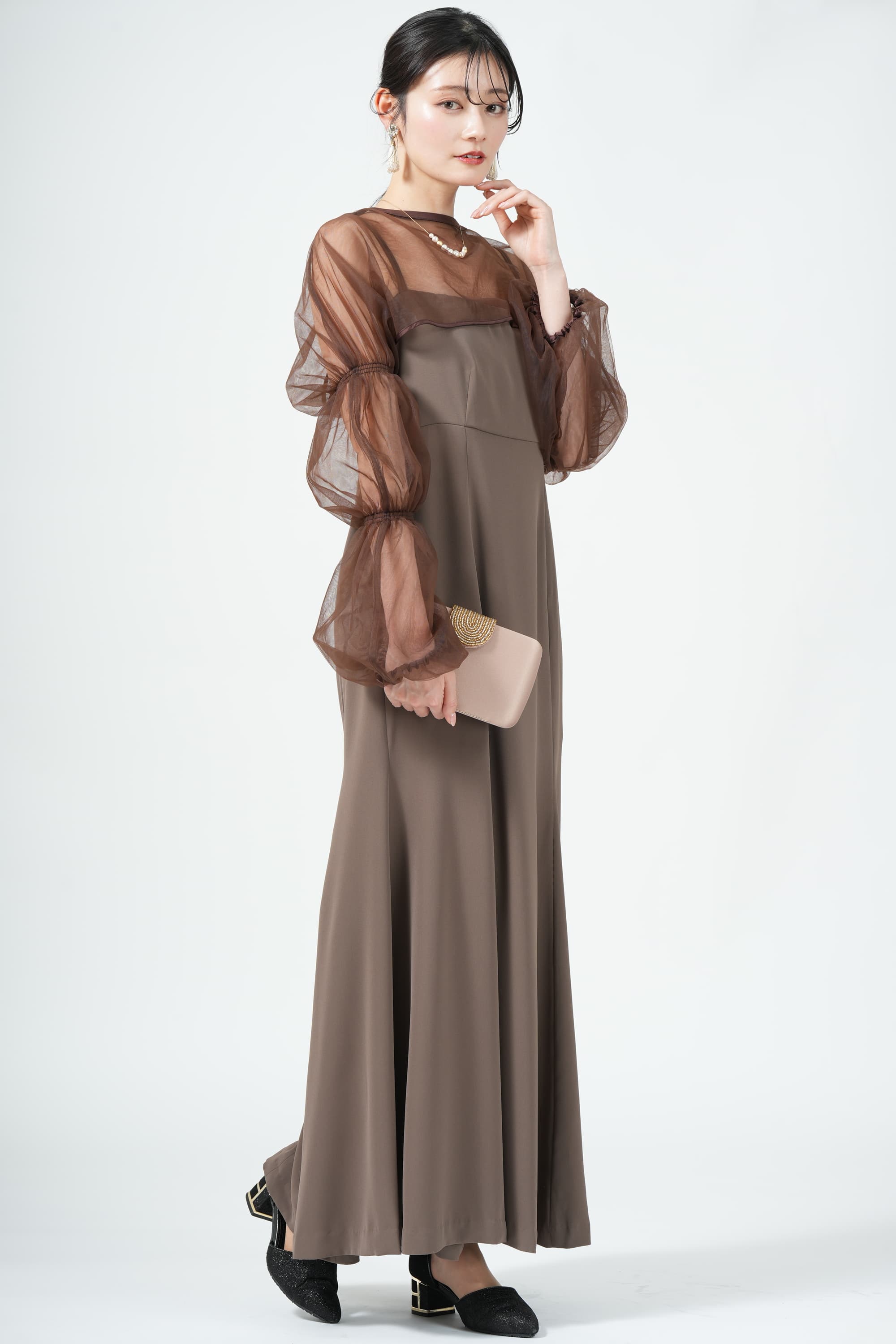 シャーリングボレロ付きマーメイドブラウンドレス