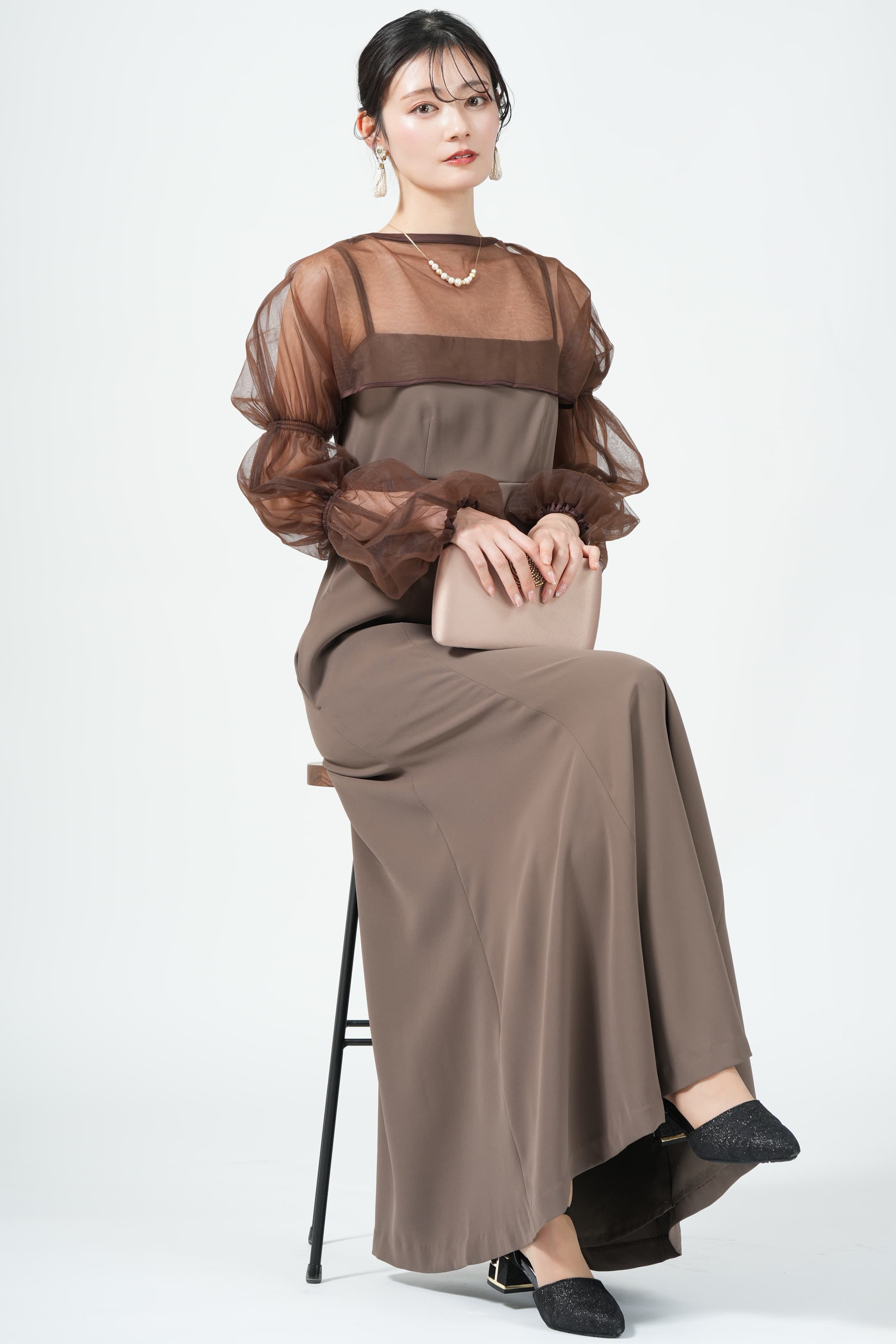 シャーリングボレロ付きマーメイドブラウンドレス
