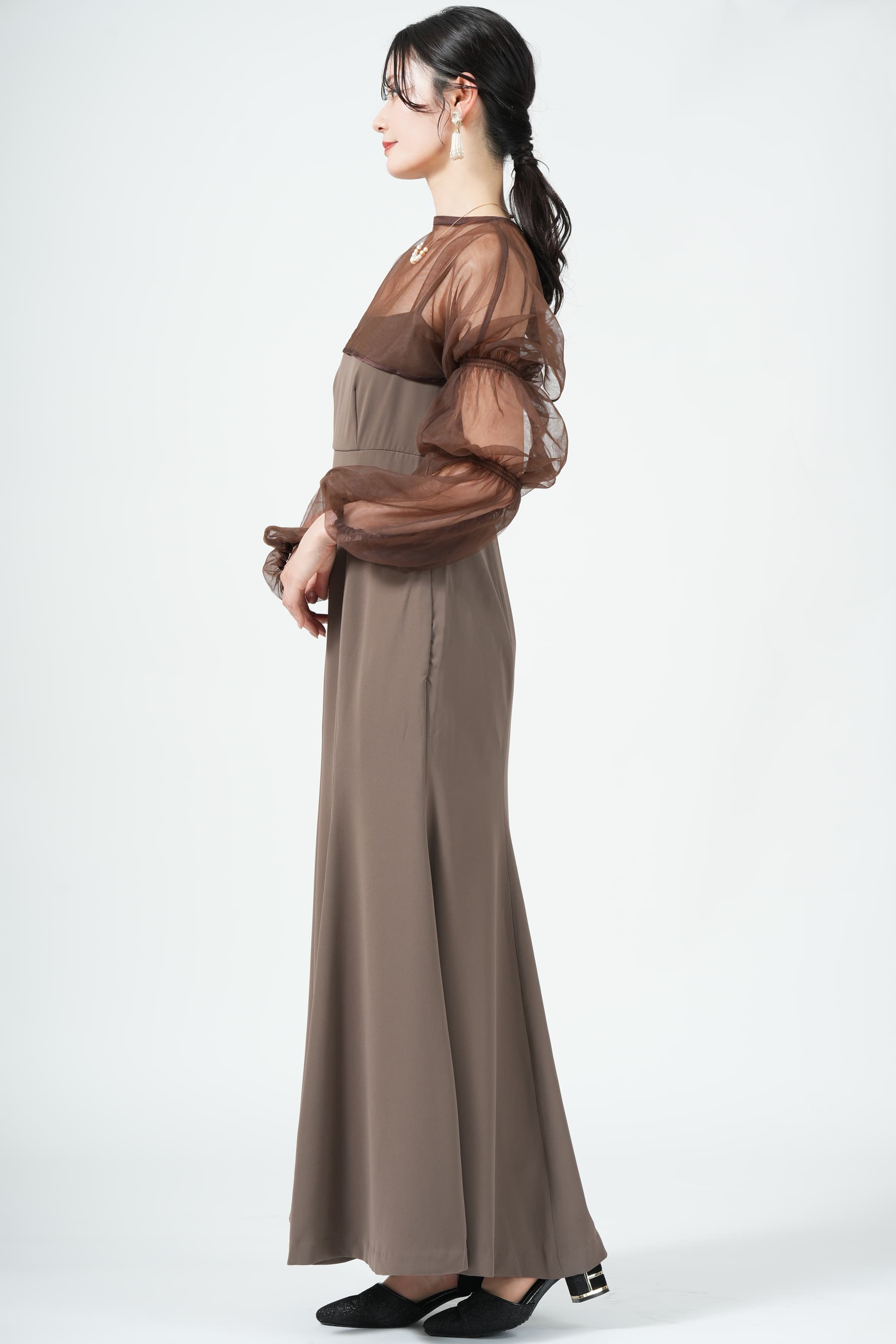 シャーリングボレロ付きマーメイドブラウンドレス