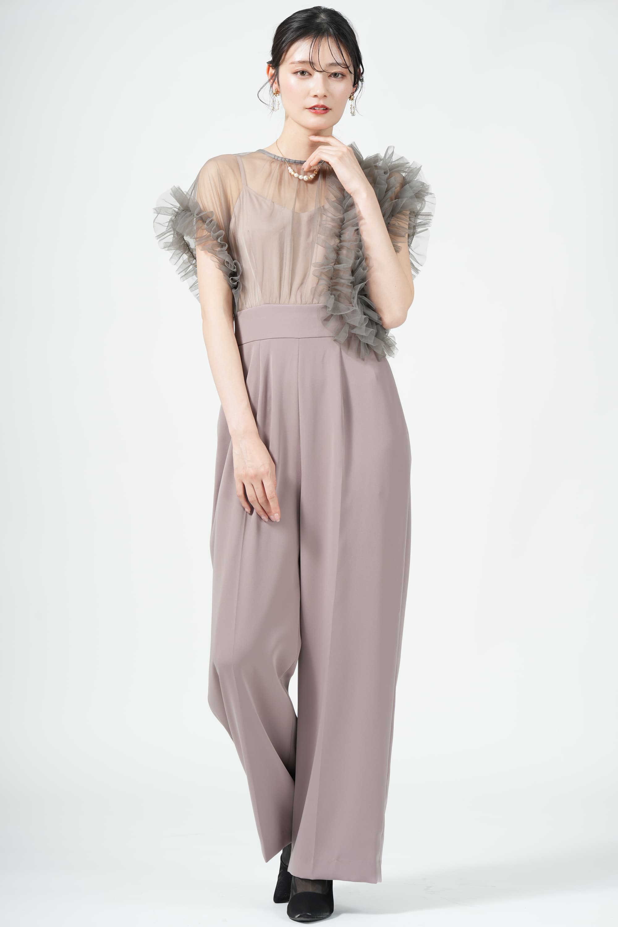 アシメチュール袖ピンクパンツドレス