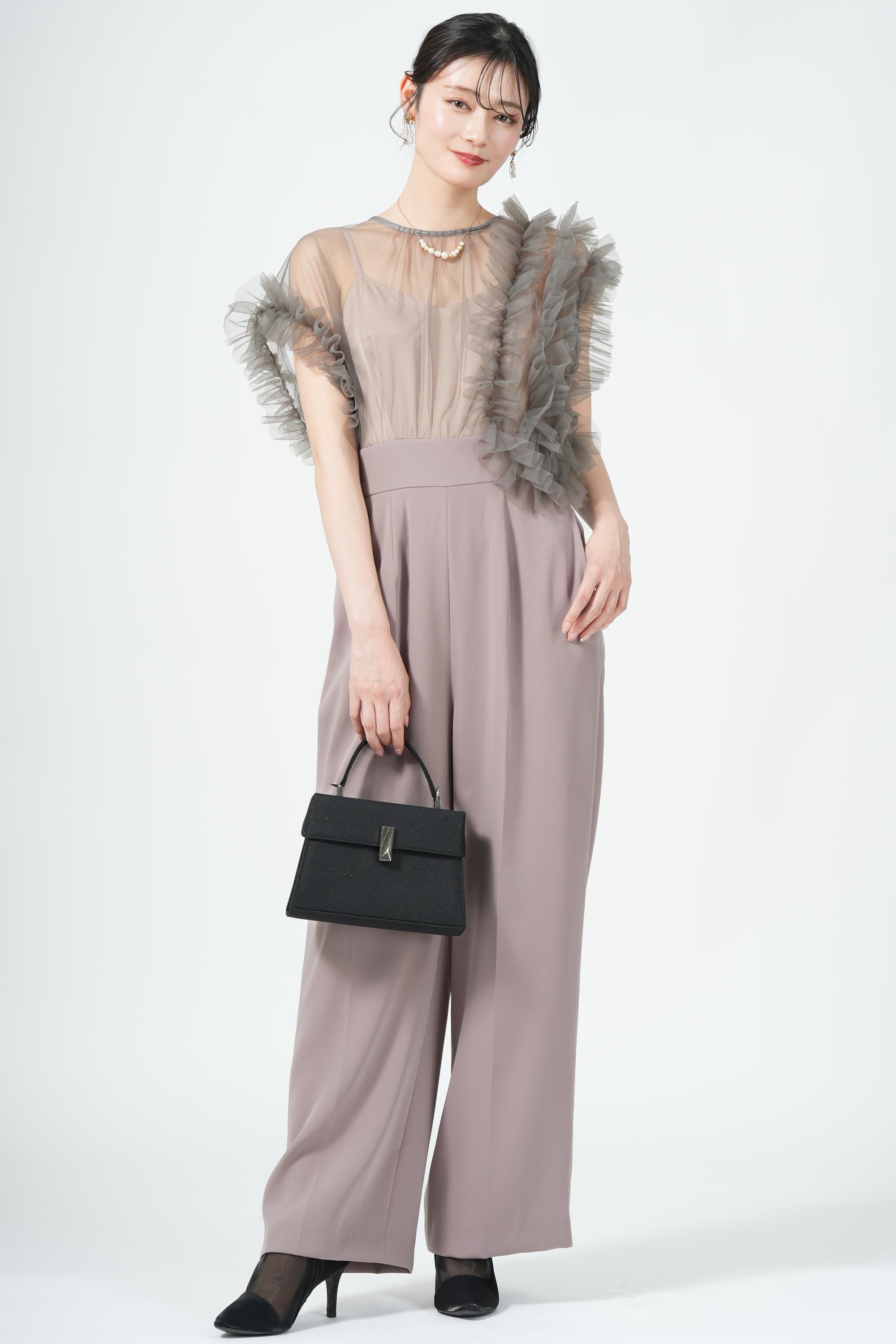 アシメチュール袖ピンクパンツドレス