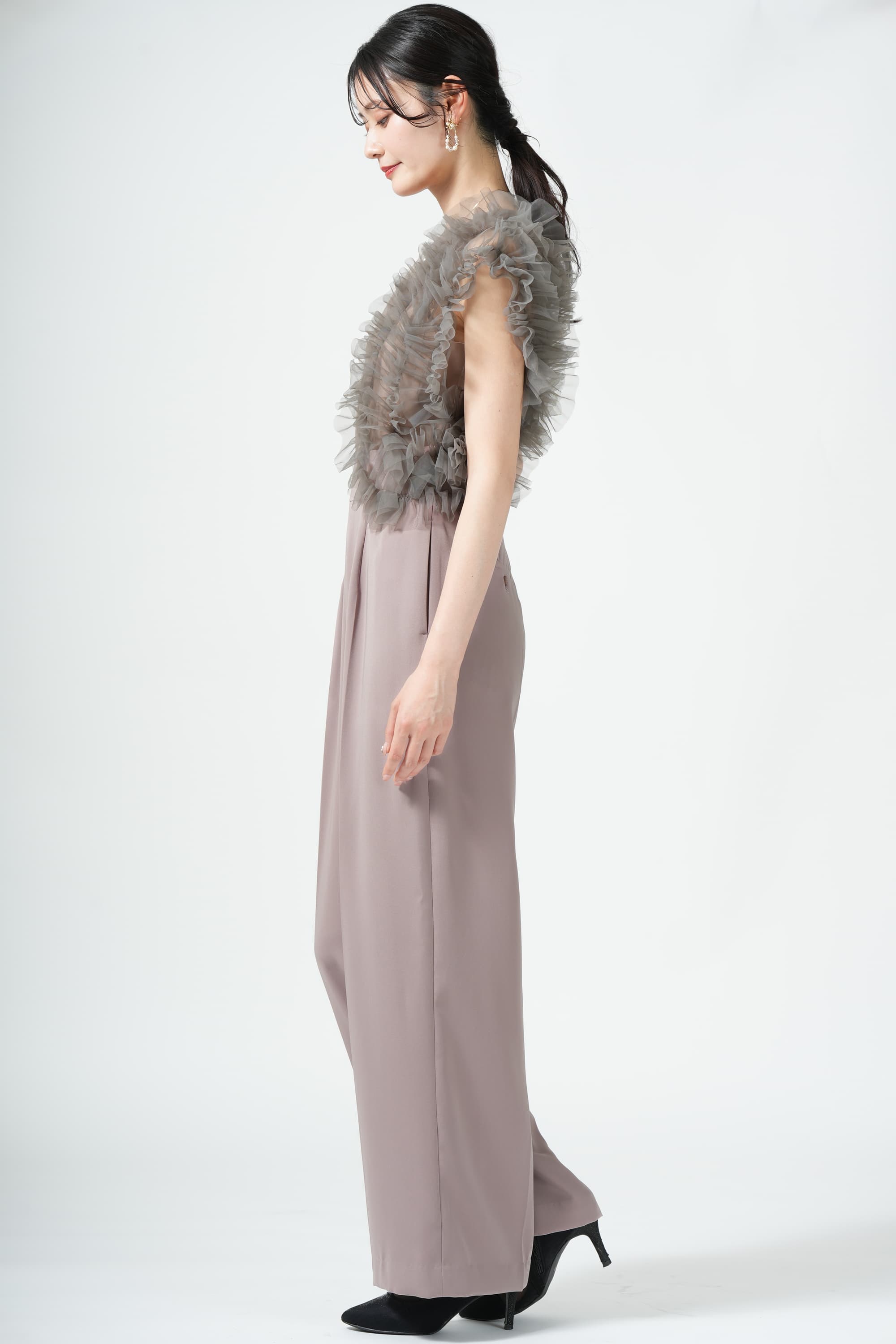 アシメチュール袖ピンクパンツドレス