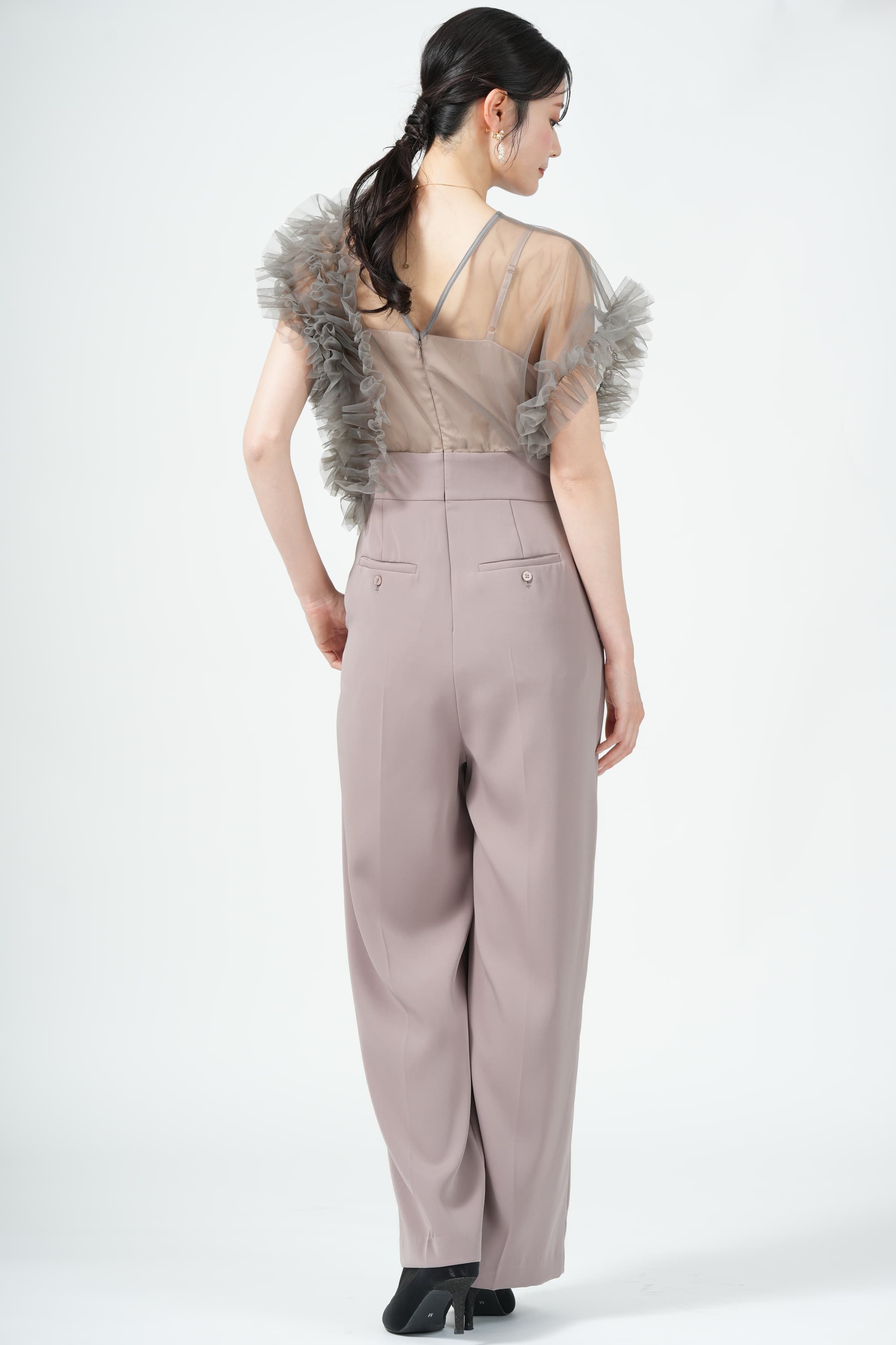 アシメチュール袖ピンクパンツドレス