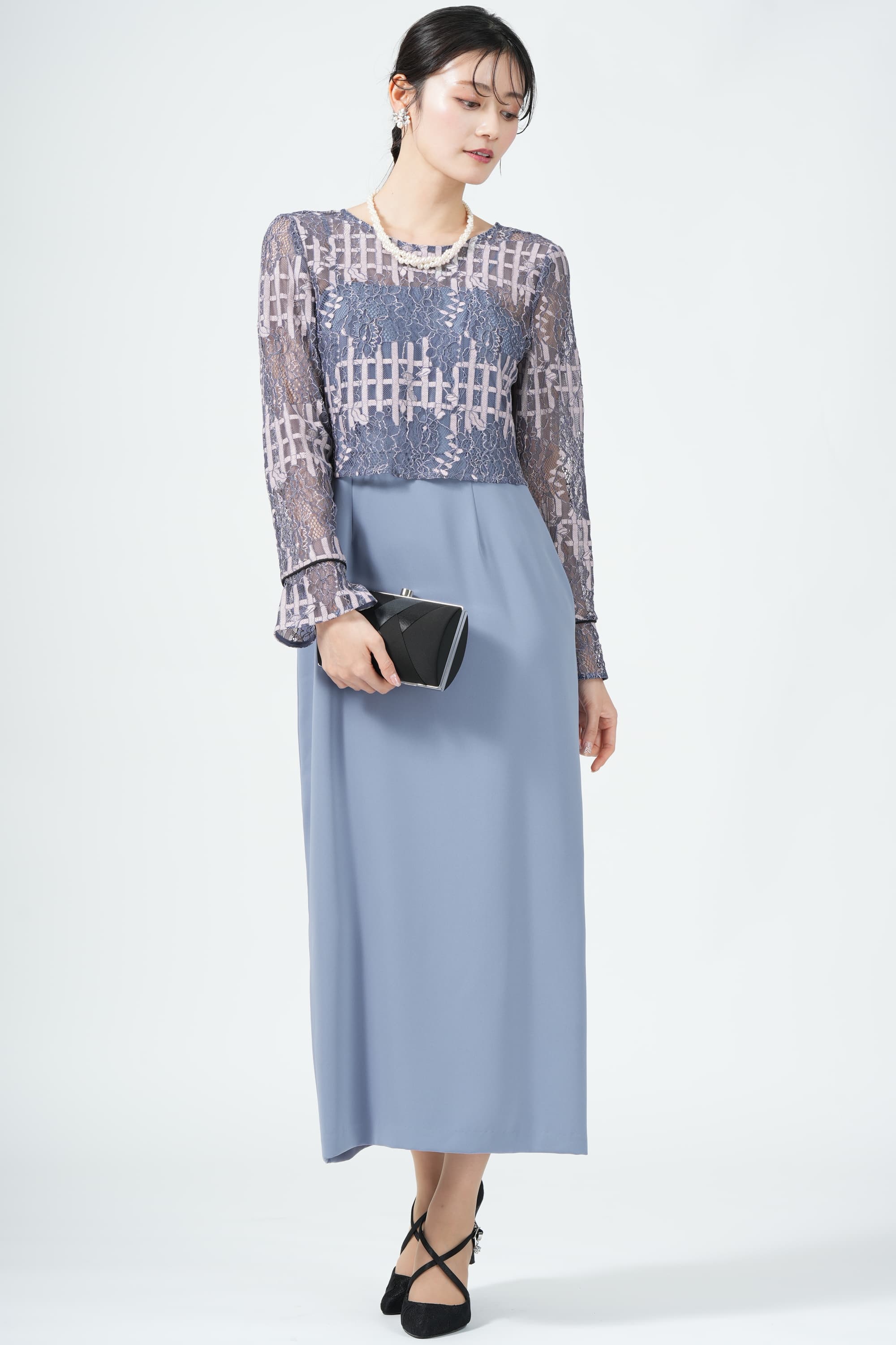 URBAN RESEARCH ROSSO コラージュレース×サックスブルードレス (M) を