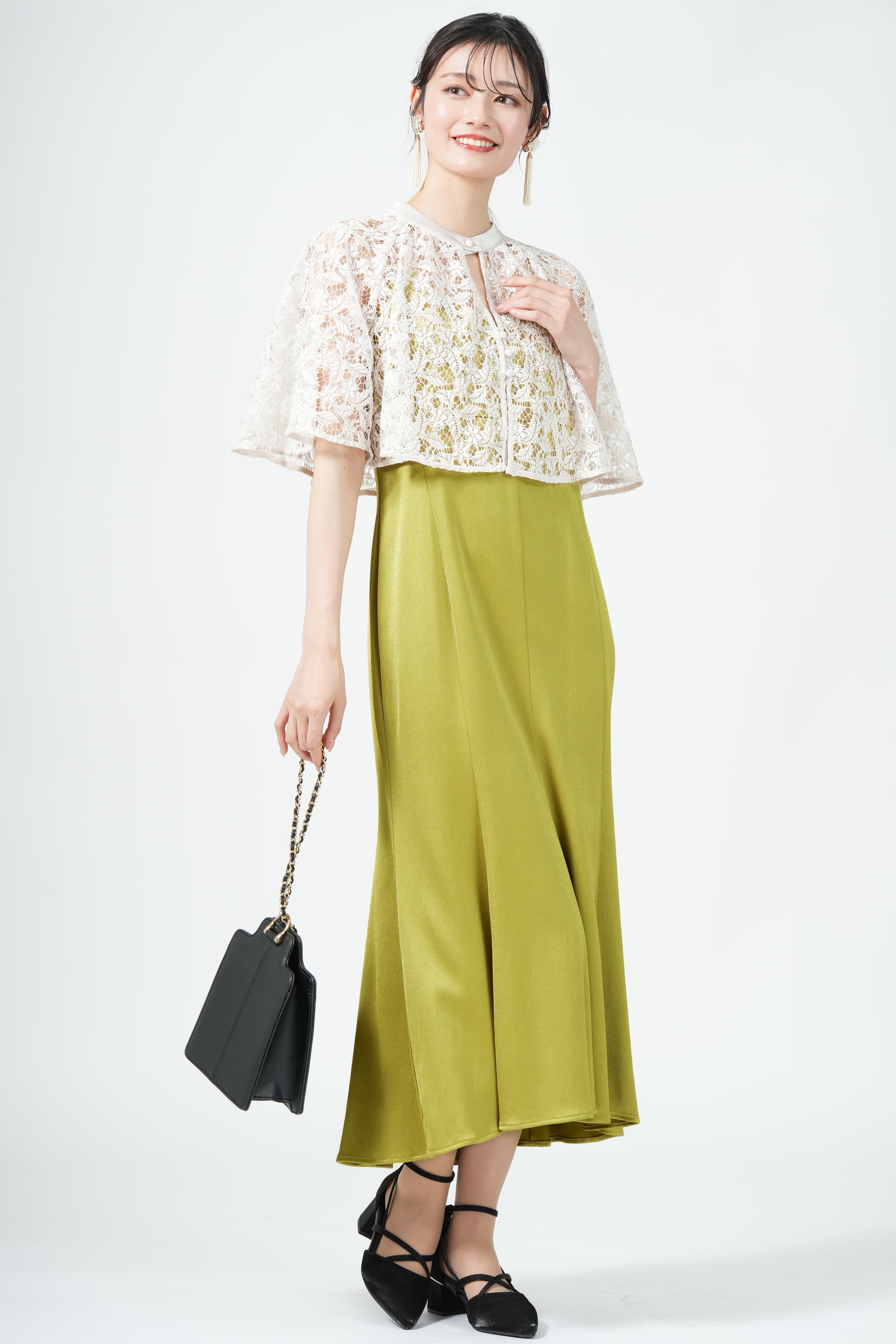 ラッセルフラワーボレロ付きオリーブドレス