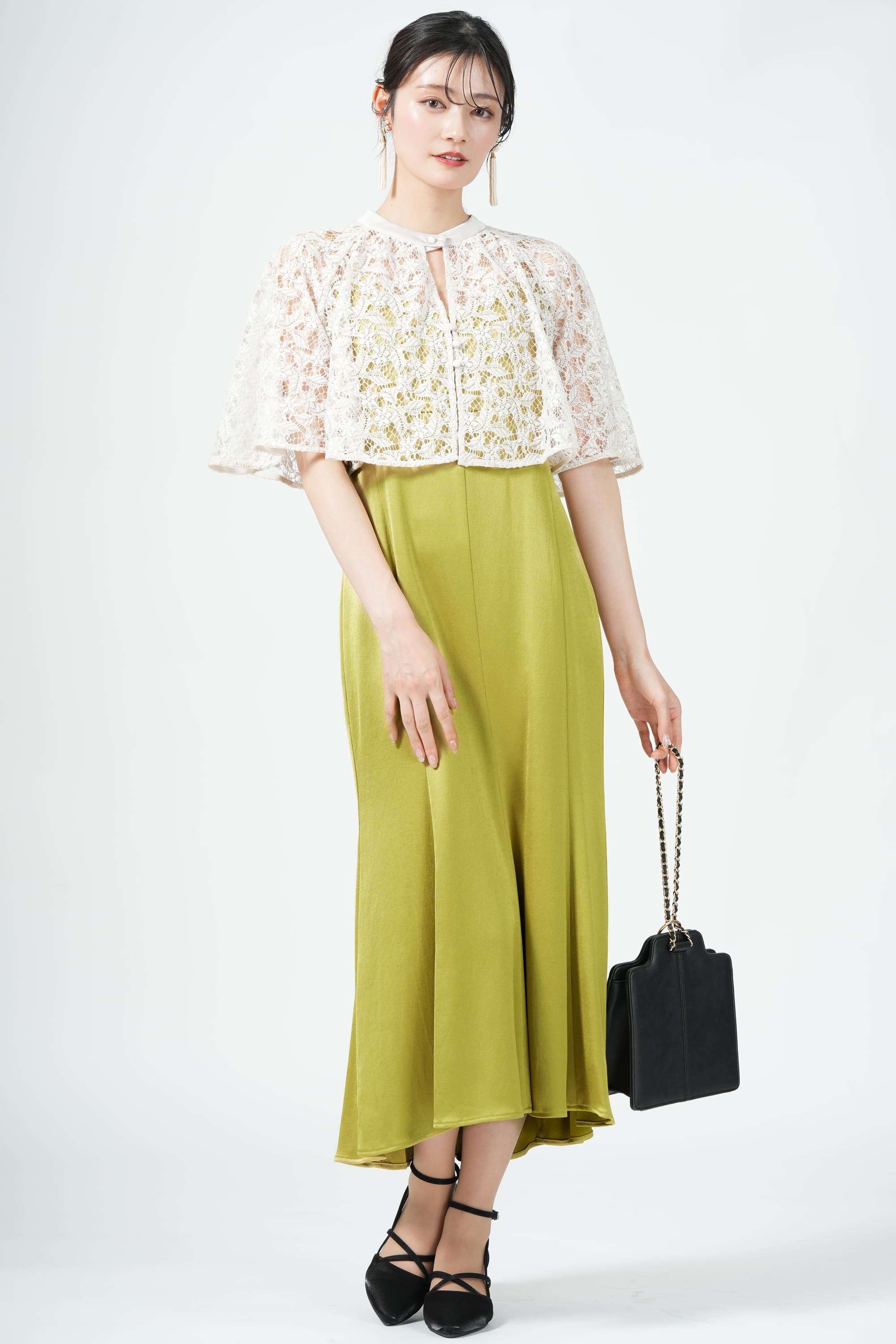 ラッセルフラワーボレロ付きオリーブドレス