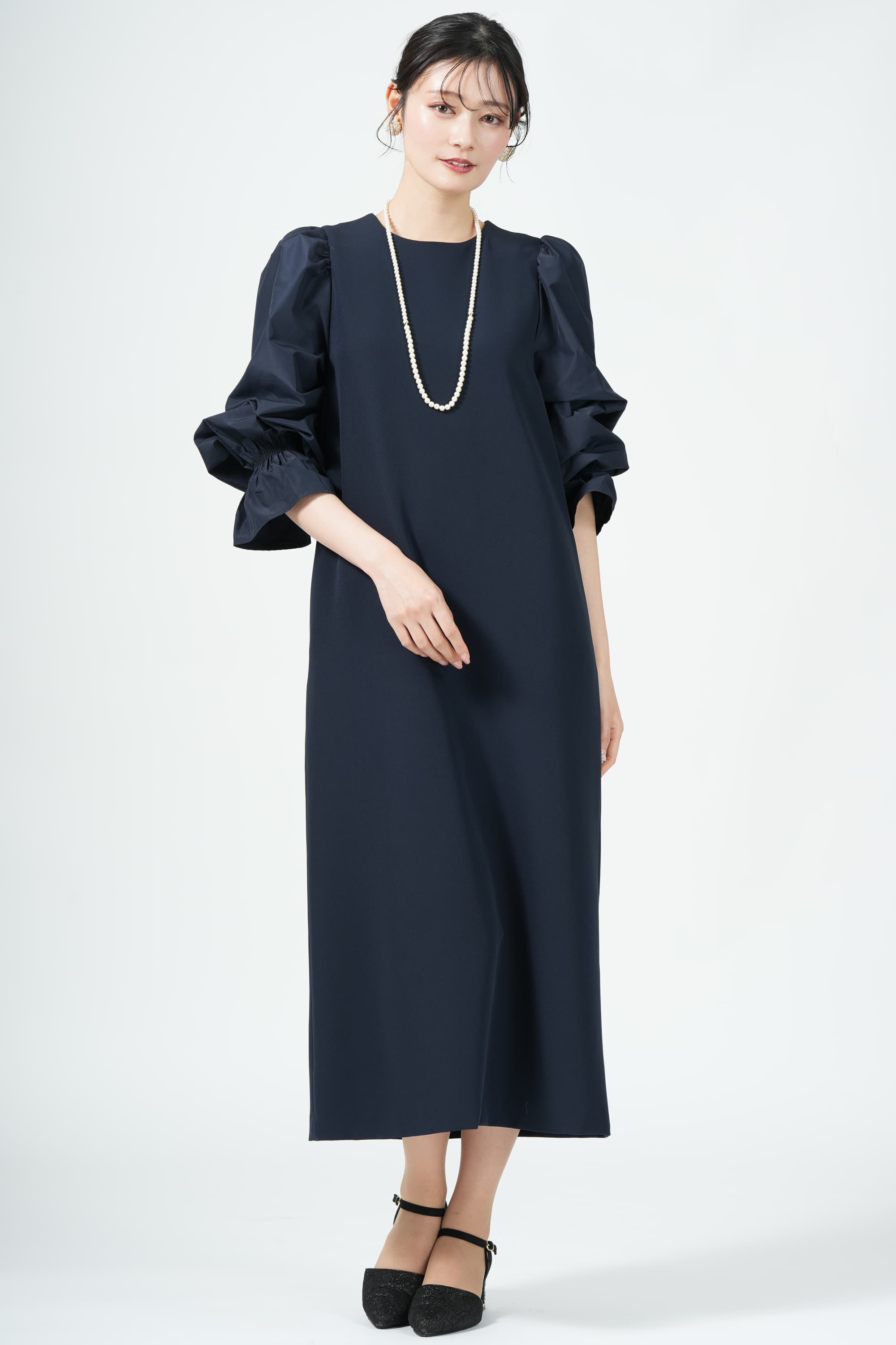 異素材キャンディースリーブネイビードレス