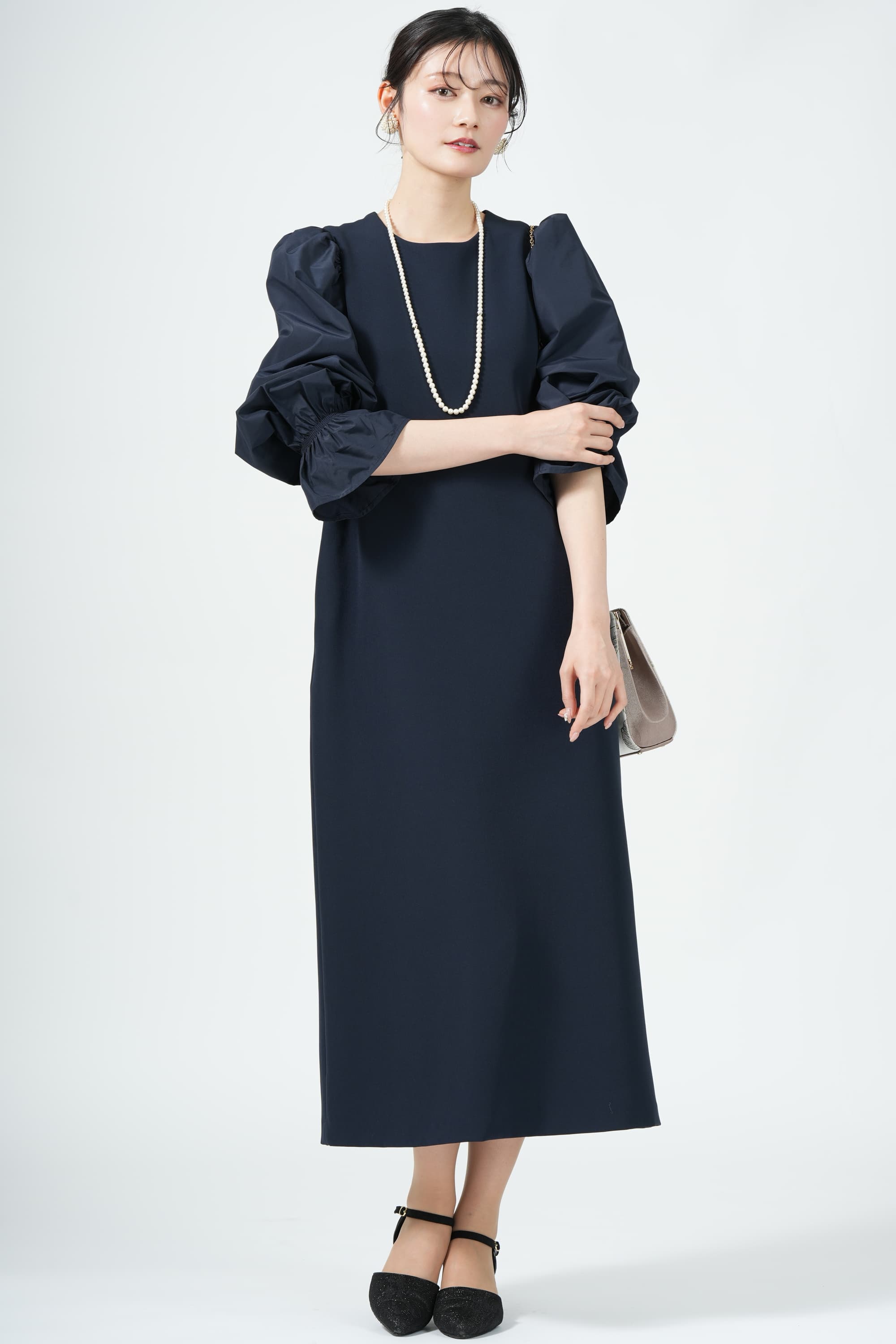 異素材キャンディースリーブネイビードレス