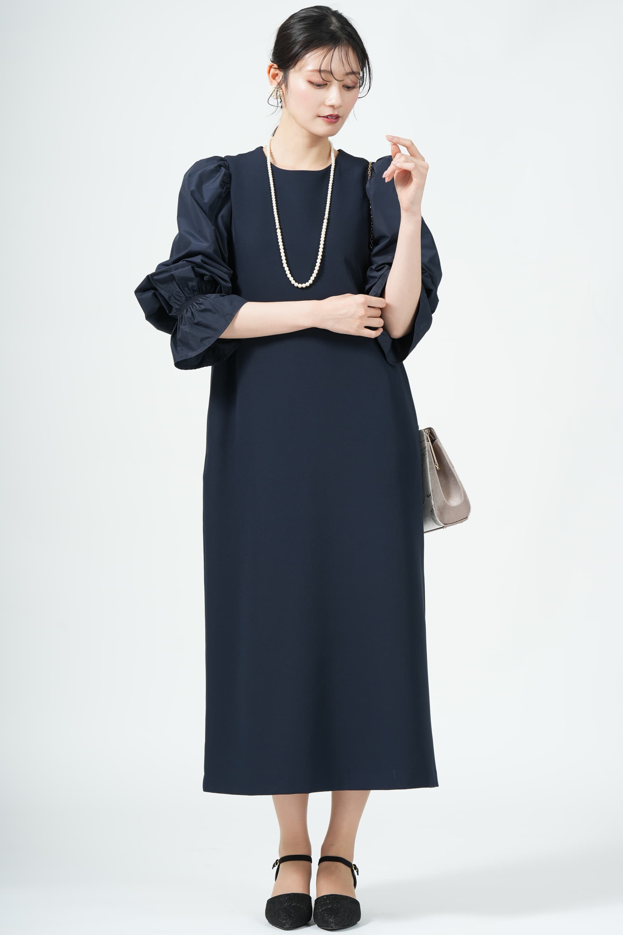 異素材キャンディースリーブネイビードレス